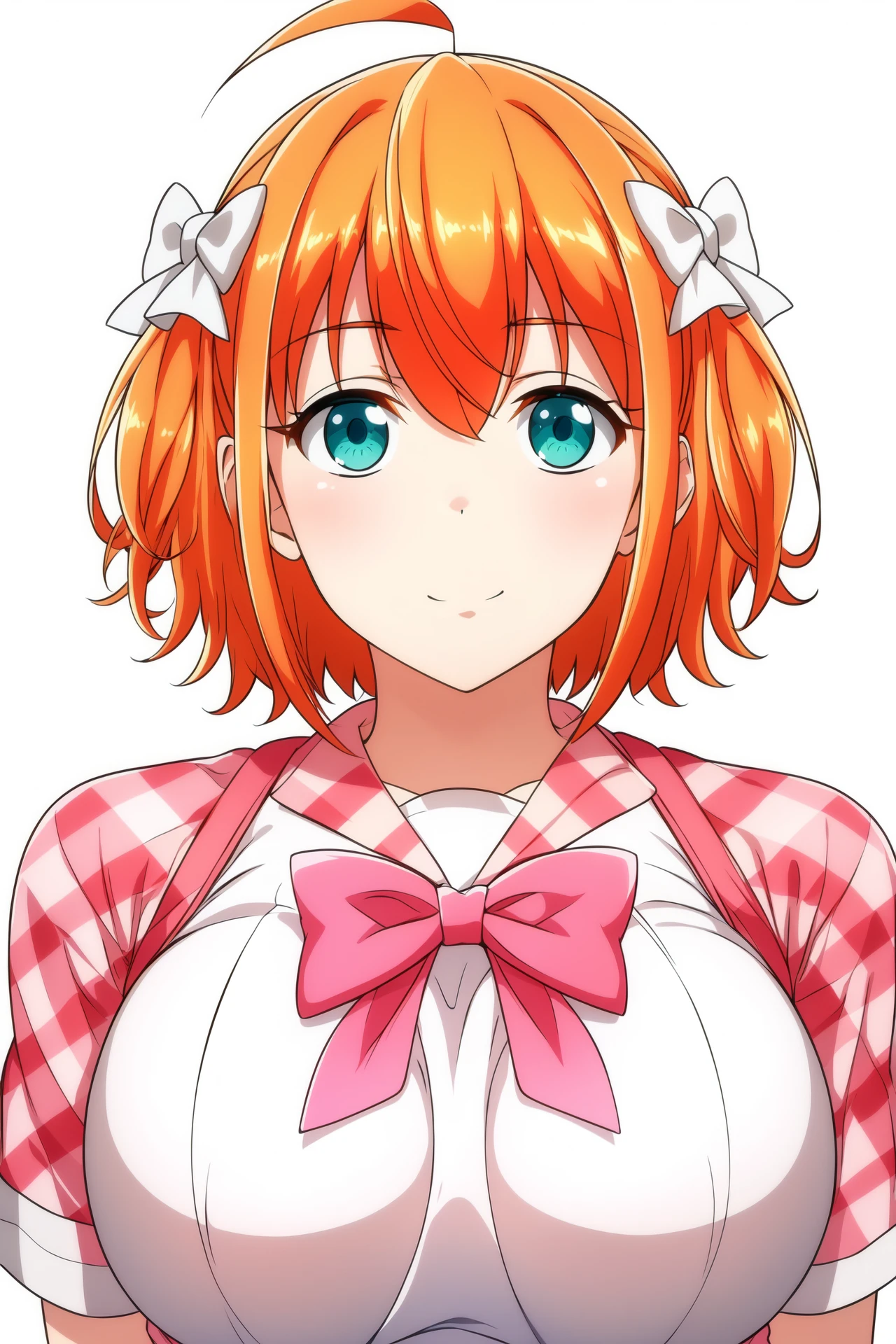 Simple Background,(White_Background:1.1),
dynamic pose,standing at attention,
plaid shirt, plaid skirt,short sleeves, plaid bowtie, 
<lora:Yuina_DisgustedFace-KK77-V1:0.7>,
Green eyes, orange hair,bangs,Short hair,ahoge, hair ornament, 
<lora:more_details:0.1>,<lora:NovelAI_YesMix5_KKStyle-KK77-Yes5-V1:0.3>,
1 girl, 20yo,Young female,Beautiful long legs,Beautiful body,
Beautiful Nose,Beautiful character design, perfect eyes, perfect face,expressive eyes,perfect balance,
looking at viewer,(Focus on her face),closed mouth, (innocent_big_eyes:1.0),(Light_Smile:0.3),
official art,extremely detailed CG unity 8k wallpaper, perfect lighting,Colorful, Bright_Front_face_Lighting,White skin,
(masterpiece:1.0),(best_quality:1.0), ultra high res,4K,ultra-detailed,
photography, 8K, HDR, highres, absurdres:1.2, Kodak portra 400, film grain, blurry background, bokeh:1.2, lens flare, (vibrant_color:1.2),professional photograph,
(Beautiful,large_Breasts:1.4), (beautiful_face:1.5),(narrow_waist),