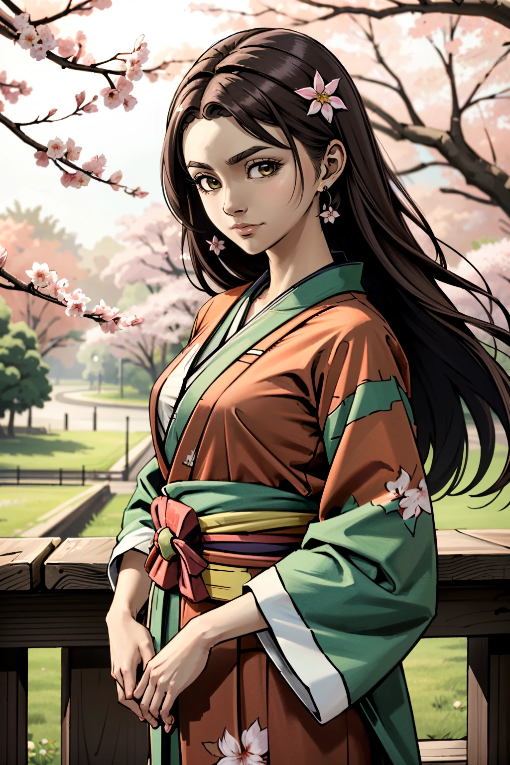 ((ultra detailed, masterpiece, absurdres))
 <lora:BSasha:0.8>
BSasha, 1girl, brown hair, long hair, looking at viewer, in a traditional kimono, surrounded by cherry blossoms