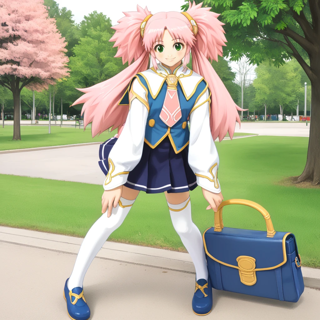 1girl, solo, full body,  <lora:jessicaXLpony:1> jessica, pink hair, green eyes, long hair, twintails, skirt, thighhighs, zettai ryouiki, blue footwear, bag, smile, park,