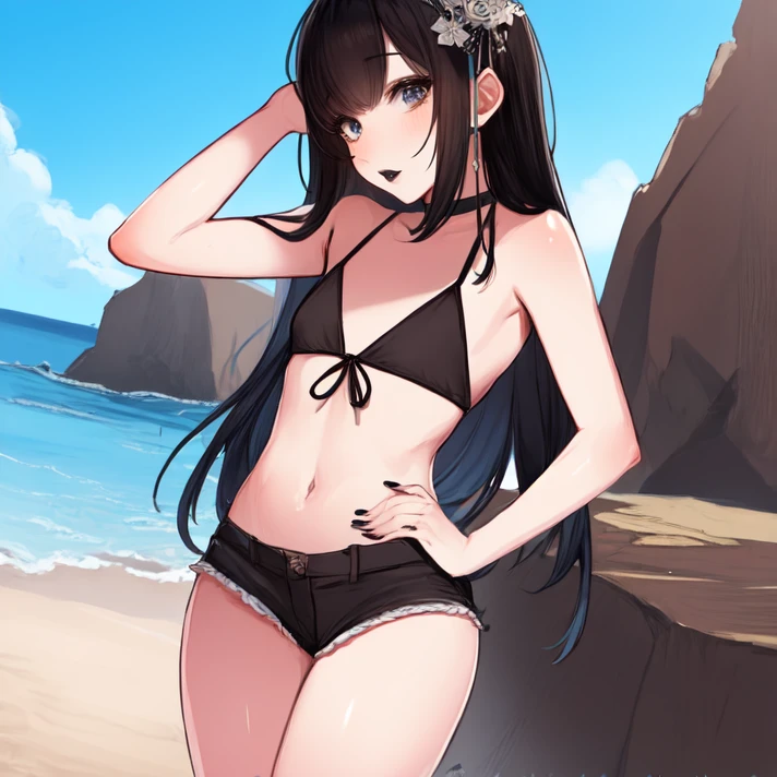 rabbit furry girl,black hair,ultra detailed fur,ultra body fur,white fur,pubic fur,neck fur,very hot,sweating,black bikini,beach,shy face,smile,blush,looking at viewer,grey cardigan,circle necklace,side view