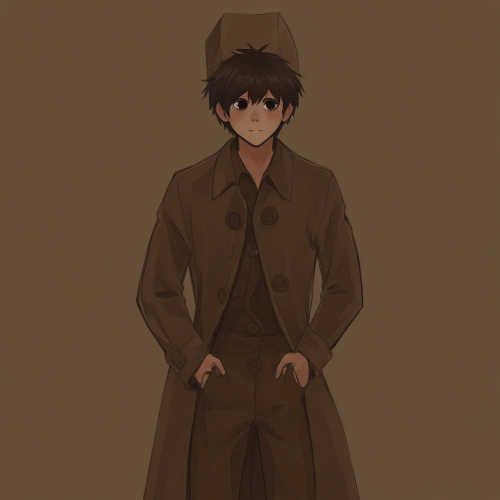 Boy wearing a white shirt and brown pants under a brown trench coat, Boy wearing a brown paper bag on, bright eyes, short brown hair, small boy