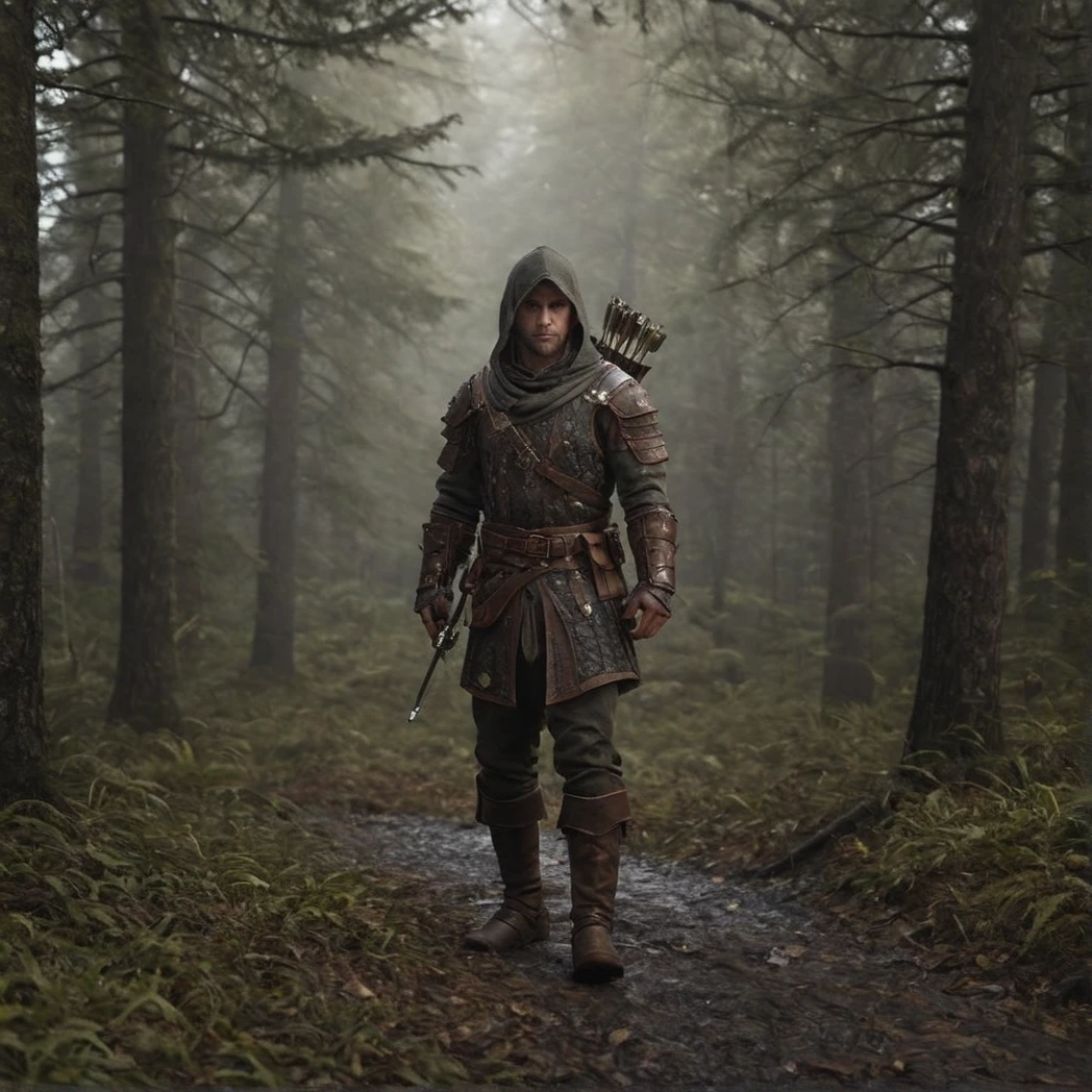 1boy, solo, Archer, fantasy armor, full armor, belt, leather boots, cape, gauntlets, Bow, Arrows, Quiver, Front-facing, Front, moody forest, (UHD, 8K, ultra detailed, looking at the camera, highly detailed, best quality, best aesthetic, high detail, amazing detail, masterful, work of a master, highly detailed background, shallow depth of field, photorealistic, RAW image, 
8k high resolution, ray tracing, realistic, mid day, volumetric lighting), badneg-xl, medium shot, mid shot, 