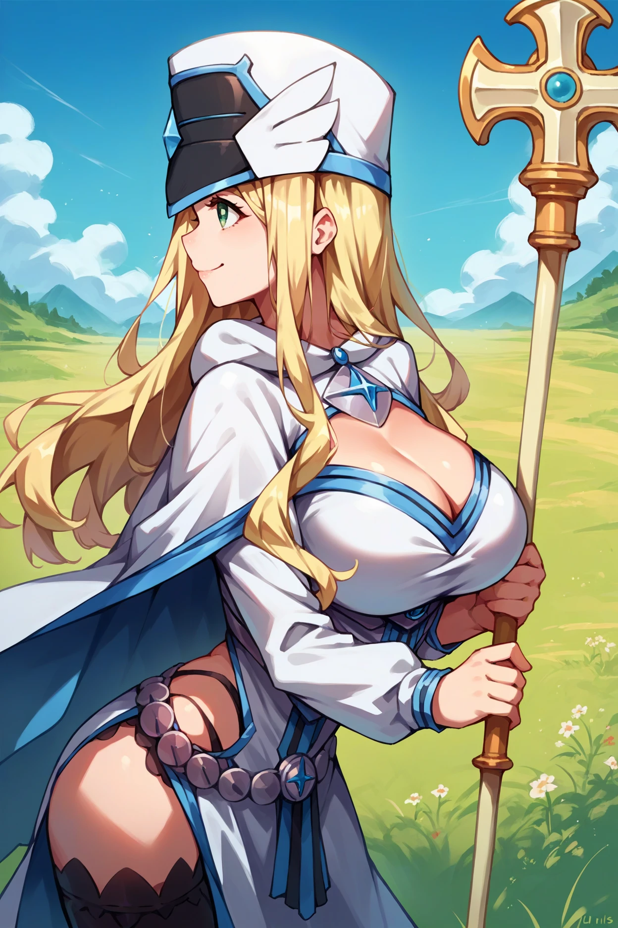 score_9, score_8_up, score_7_up, score_6_up, source_anime, 1girl, solo,  <lora:bofurimisery-pdxl-nvwls-v1-000007:1> bofuMis, blonde hair, long hair, hat, white cape, cleavage, white dress, long sleeves, silver belt, black thighhighs, large breasts, profile, blue sky, field, holding staff, smile