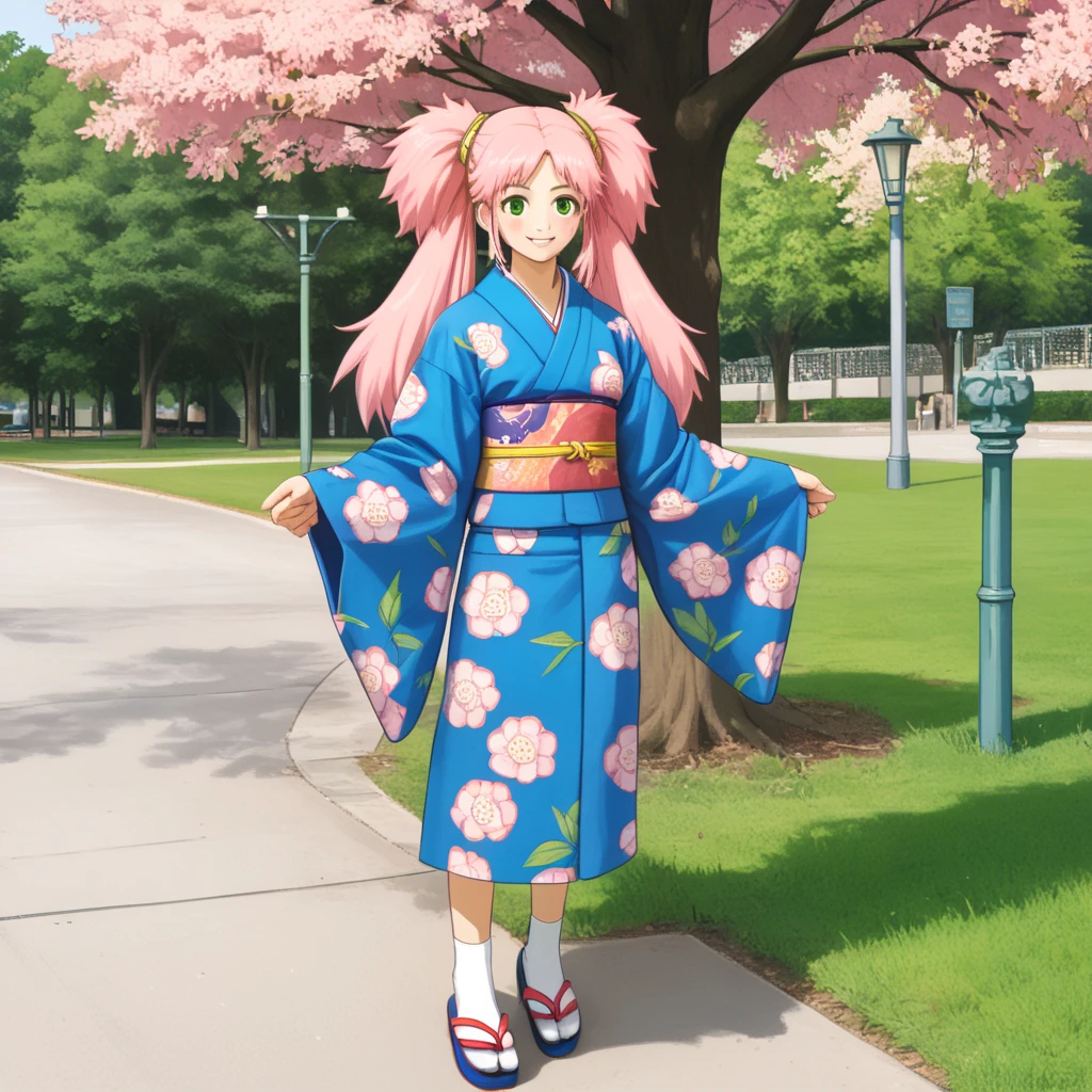 1girl, solo, full body,  <lora:jessicaXLpony:1> jessica, pink hair, green eyes, long hair, twintails, print_kimono, smile, park,