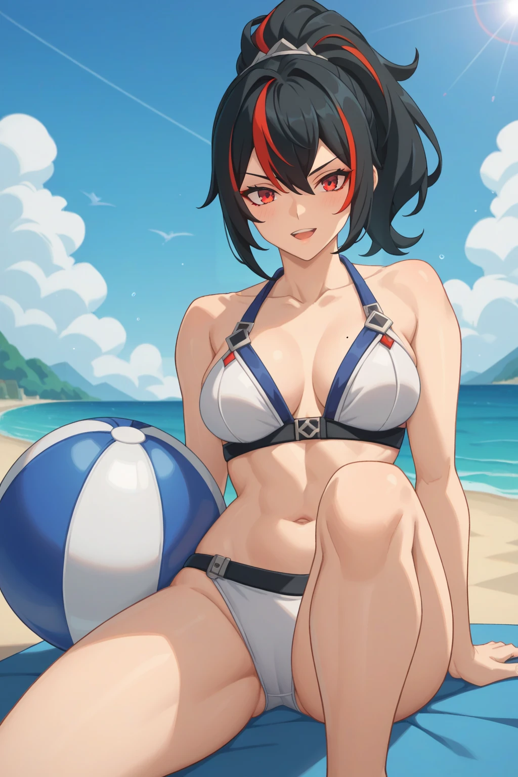 score_9, score_8_up, score_7_up, source_anime, 1girl, prefect lighting, very aesthetic, intricate details, highly detailed background, masterpiece, high quality, prefect hands, best quality, solo,
<lora:Zhu_Yuan_ZZZ_V1:.85>, KJOzhu, high ponytail, streaked hair, dark hair, red eyes, streaked hair, thick thighs, 
white bikini, sunglasses,
sitting, one knee up, beach umbrella, beachball, seductive smile, blush, looking at viewer, open mouth, smug, head tilt, 
beach, water, mountain, 
(Beautiful, medium Breasts:1.2), natural breasts,