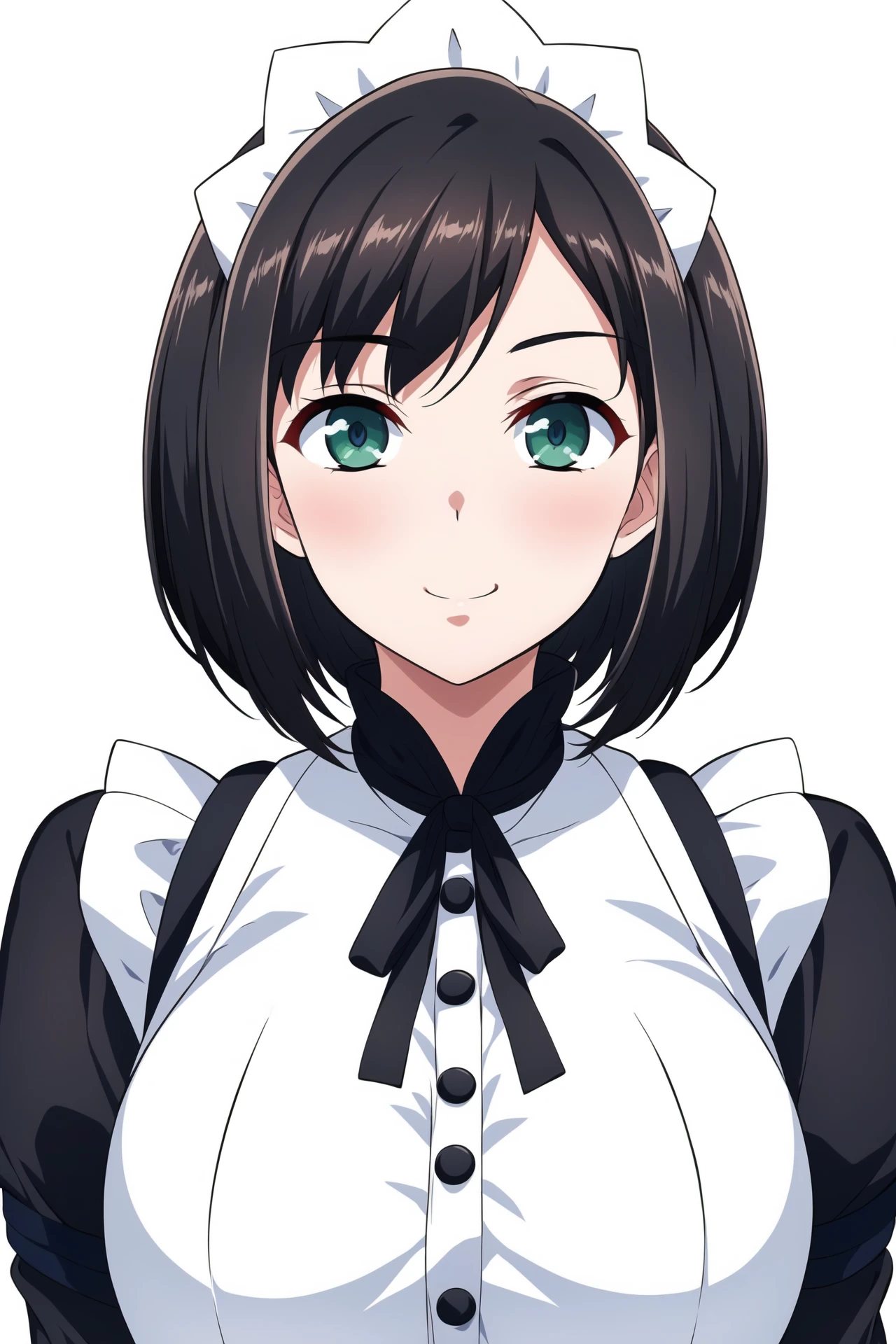 Simple Background,(White_Background:1.1),
dynamic pose,standing at attention,
maid headdress, maid, maid apron, long sleeves, turtleneck, 
<lora:Chitose_Itou_DisgustedFace-KK77-V1:0.7>,
Green eyes, black hair,bangs,short hair,
<lora:more_details:0.1>,<lora:NovelAI_YesMix5_KKStyle-KK77-Yes5-V1:0.3>,
1 girl, 20yo,Young female,Beautiful long legs,Beautiful body,
Beautiful Nose,Beautiful character design, perfect eyes, perfect face,expressive eyes,perfect balance,
looking at viewer,(Focus on her face),closed mouth, (innocent_big_eyes:1.0),(Light_Smile:0.3),
official art,extremely detailed CG unity 8k wallpaper, perfect lighting,Colorful, Bright_Front_face_Lighting,White skin,
(masterpiece:1.0),(best_quality:1.0), ultra high res,4K,ultra-detailed,
photography, 8K, HDR, highres, absurdres:1.2, Kodak portra 400, film grain, blurry background, bokeh:1.2, lens flare, (vibrant_color:1.2),professional photograph,
(Beautiful,large_Breasts:1.4), (beautiful_face:1.5),(narrow_waist),