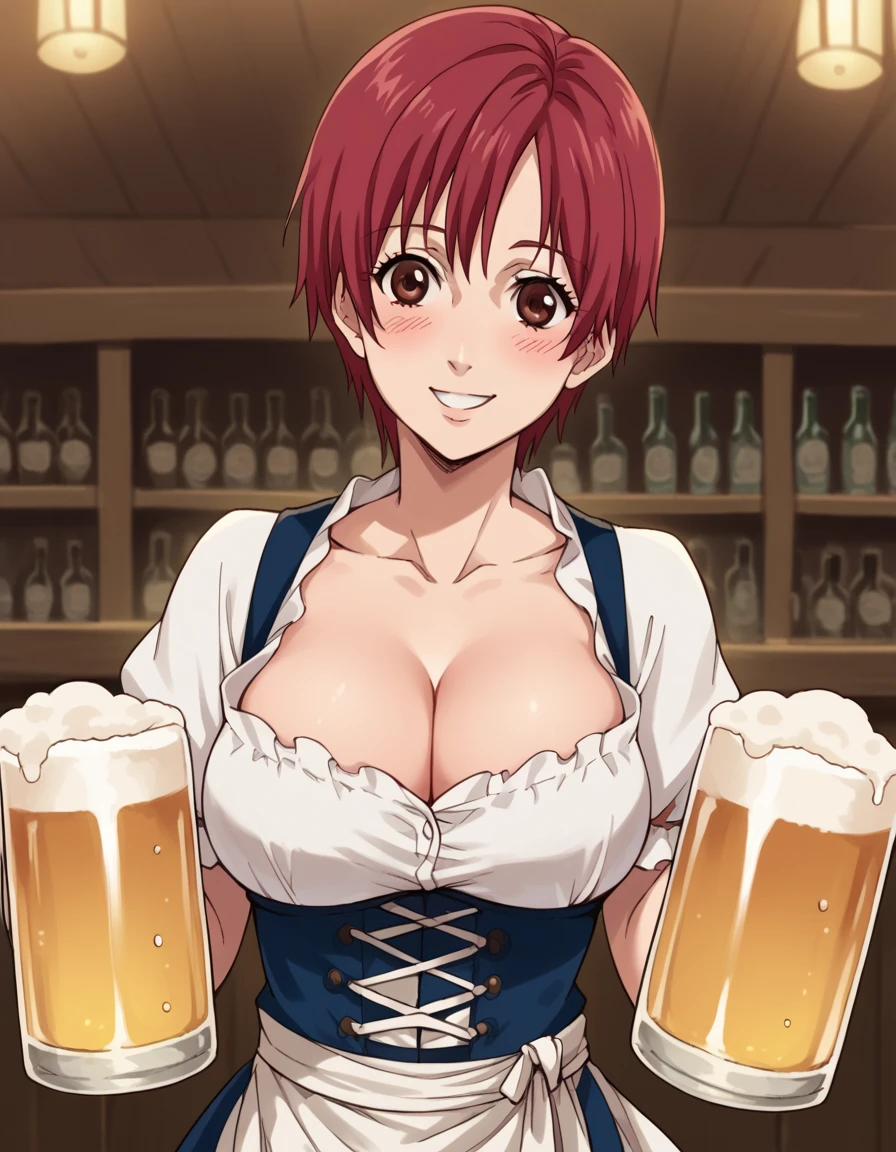 score_9, score_8_up, score_7_up, source_anime, <lora:kei-kishimoto-anime-ponyxl-lora-nochekaiser:1>, kei kishimoto, short hair, brown eyes, red hair, large breasts,, <lora:dirndl-ponyxl-lora-nochekaiser:1>, dirndl, german clothes, beer mug, collarbone, cleavage, beer, underbust, waist apron,, indoors, bar, smile, blush,, , cowboy shot, dutch angle