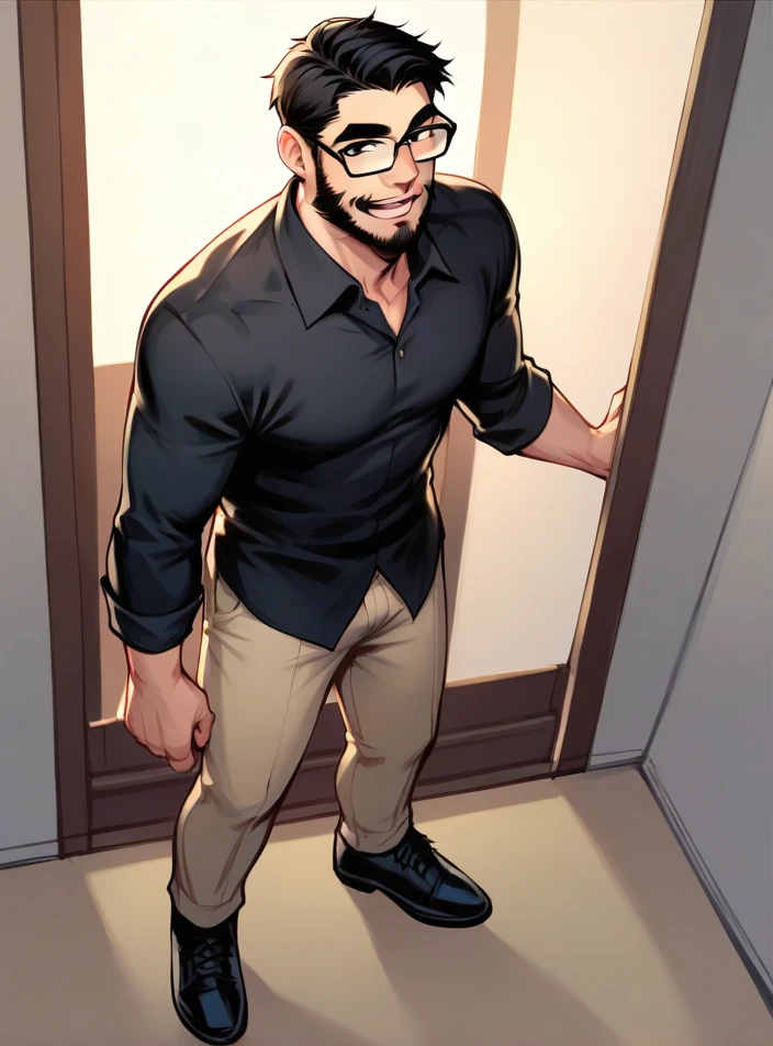 score_9, score_8_up, score_7_up, 1boy, solo, simple bg, (full body:1.2),

looking at viewer, smile, short hair, open mouth, shirt, black hair, parted lips, glasses, collared shirt, indoors, black eyes, black shirt, facial hair, thick eyebrows, beard, black-framed eyewear, mature male, mustache, standing, pants, black footwear