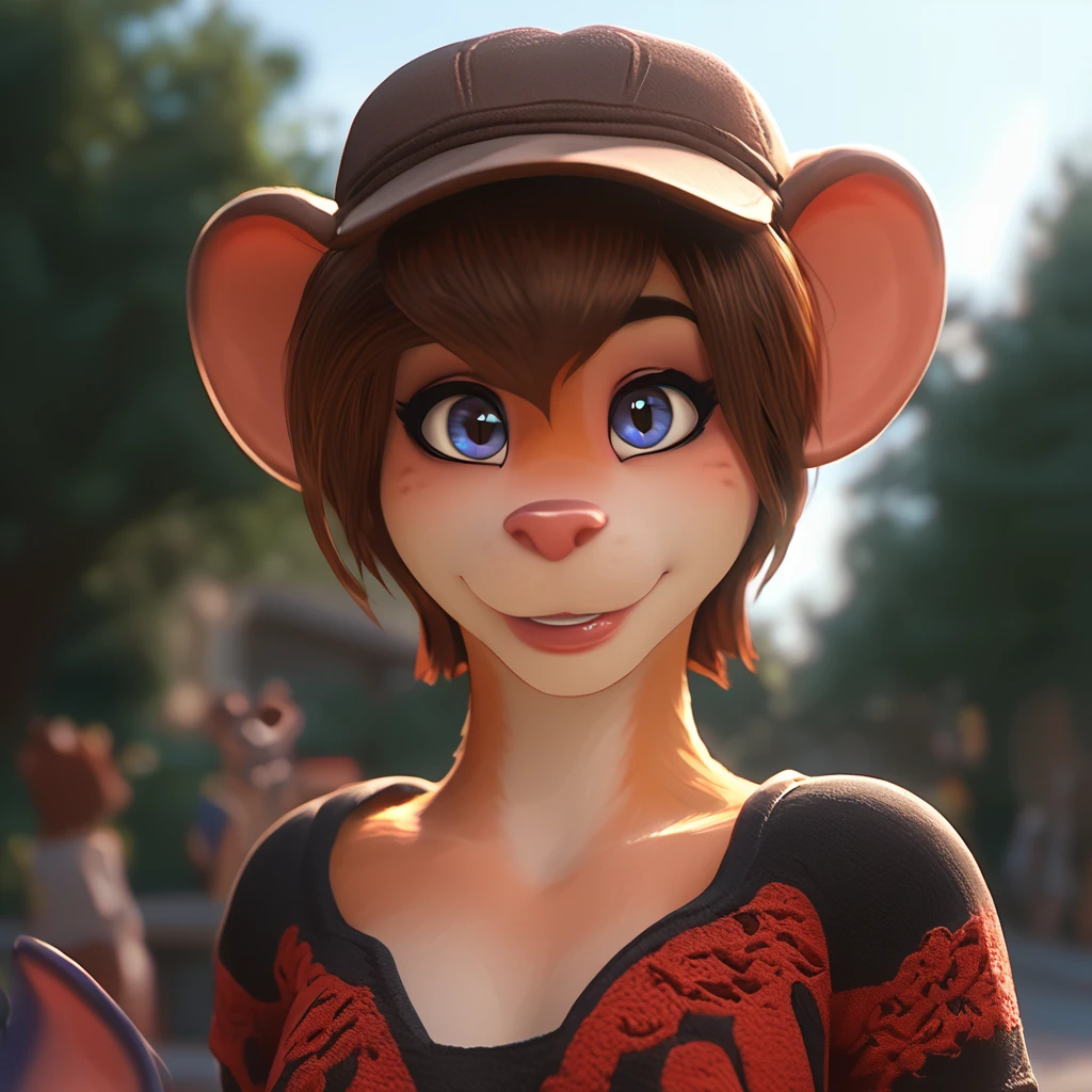 score_9, score_8_up, score_7_up, solo, 1girl, animal ears, furry, blue eyes, smile, brown hair, looking at viewer, blurry background, furry female, blurry, solo, short hair, upper body, shirt, brown headwear, by clamdogstudio, dia, mouse, rat