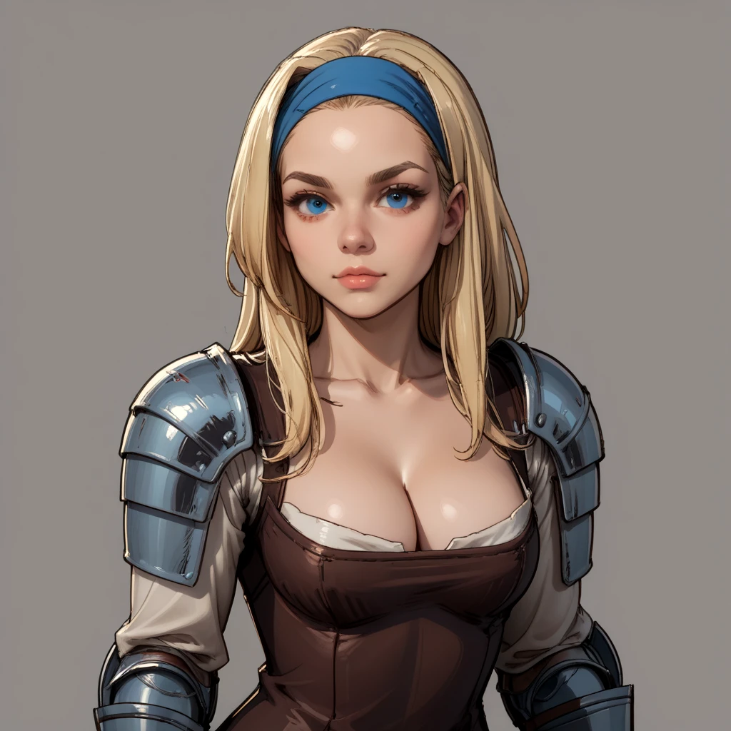 <lora:Final_Fantasy_Tactics_Squire-000003:.75> fft, squire, 1girl, solo, blonde hair, blue eyes, long hair, armor, hairband, looking at viewer, (cleavage:1.3),, score_9, score_8_up, score_7_up, source_sketch, source_drawing, sketch, source_sketch,, grey background, blank background,, sexy pose, sexy, slutty, seductive, flirty, flirt,