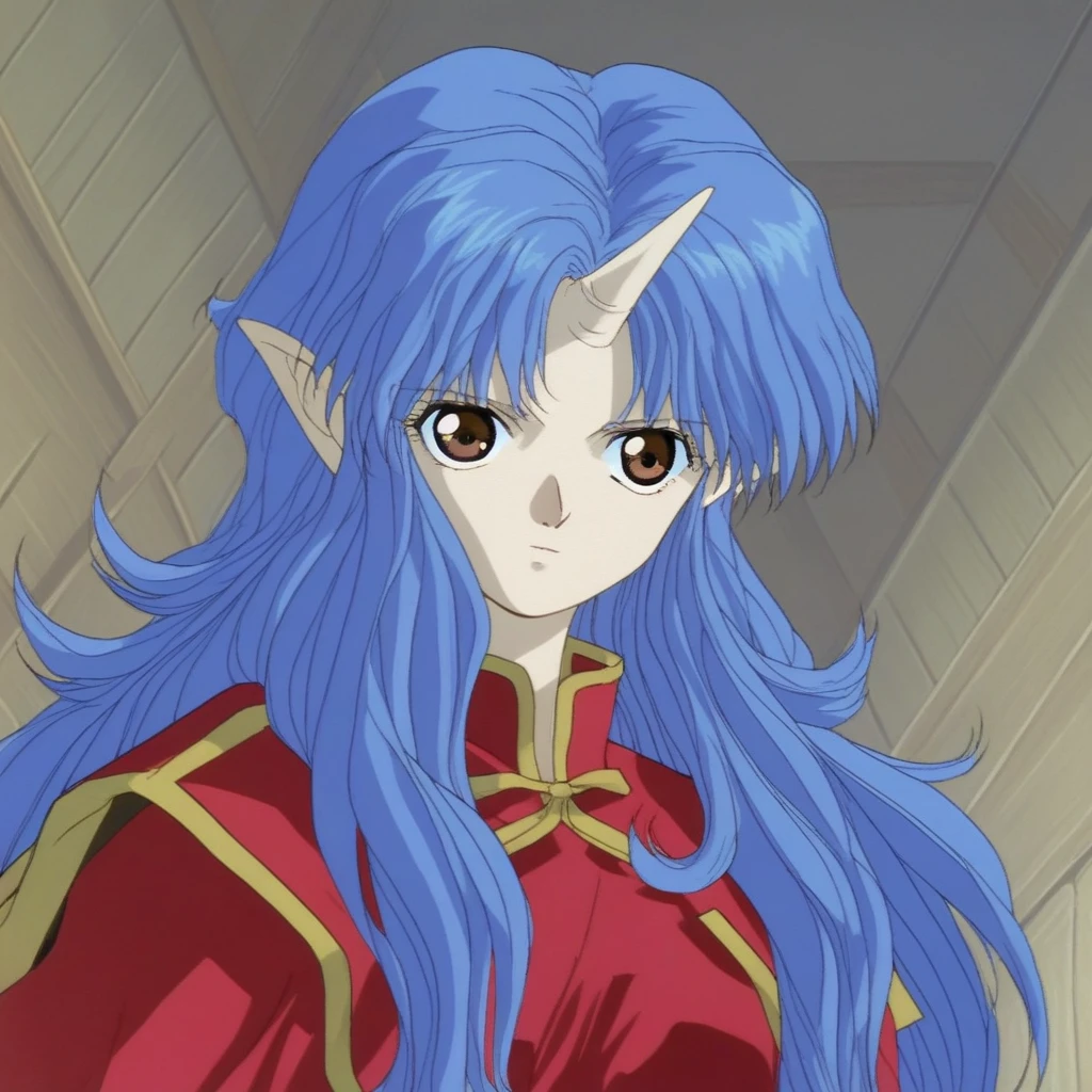 score_9, solo, miyuki, blue hair, long hair, brown eyes, pointy ears, single horn