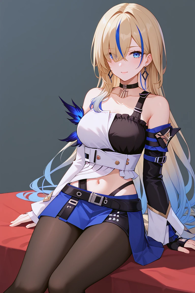 masterpiece,score_9,score_8,source_anime, ServalBren, 1girl, long hair, blonde hair, bangs, white and black crop top, bare shoulders, breasts, multicolored hair, blue eyes, choker, pantyhose, earrings, jewelry, navel, skirt, black choker, mature female, medium breasts, streaked hair, shirt, blue skirt, gloves, black pantyhose, boots, belt, collarbone, fingerless gloves, tattoo, detached sleeves, shorts, midriff, dress hair over one eye, hair between eyes, gradient hair, long sleeves, simple background, sitting<lora:EMS-434277-EMS:0.800000>