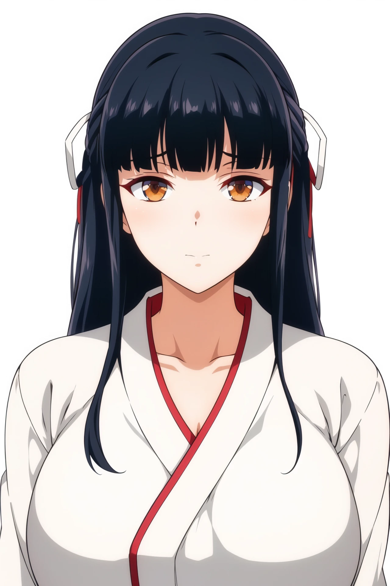 Simple Background,(White_Background:1.1),
dynamic pose,standing at attention,
Red hakama, skirt, japanese clothes, White kimono,long sleeves, wide sleeves, collarbone, 
<lora:Iori_Izumo_DisgustedFace-KK77-V1:0.7>,miko, 
brown eyes, black hair,bangs,Long hair,hair ribbon, sidelocks, 
<lora:more_details:0.1>,<lora:NovelAI_YesMix5_KKStyle-KK77-Yes5-V1:0.3>,
1 girl, 20yo,Young female,Beautiful long legs,Beautiful body,
Beautiful Nose,Beautiful character design, perfect eyes, perfect face,expressive eyes,perfect balance,
looking at viewer,(Focus on her face),closed mouth, (innocent_big_eyes:1.0),(Light_Smile:0.3),
official art,extremely detailed CG unity 8k wallpaper, perfect lighting,Colorful, Bright_Front_face_Lighting,White skin,
(masterpiece:1.0),(best_quality:1.0), ultra high res,4K,ultra-detailed,
photography, 8K, HDR, highres, absurdres:1.2, Kodak portra 400, film grain, blurry background, bokeh:1.2, lens flare, (vibrant_color:1.2),professional photograph,
(Beautiful,large_Breasts:1.4), (beautiful_face:1.5),(narrow_waist),