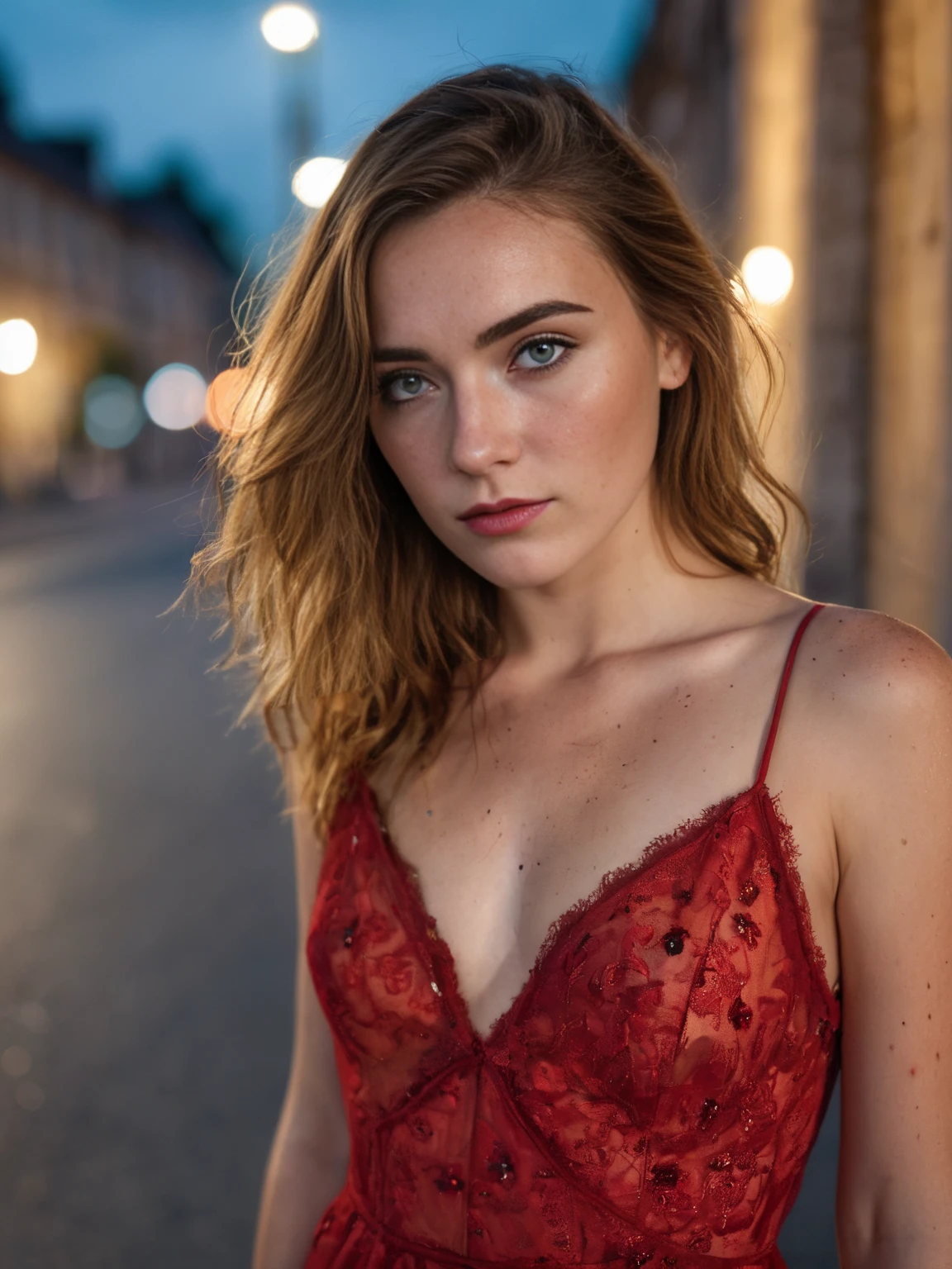 a fashion photo of a (beautiful german woman:1.2), (seductive gaze:1.2), standing on an abandoned street corner at night, wearing a red dress, telephoto photography, upper body close up, intricate detail, intricate skin, subtle freckles, intricate hair, bokeh, (atmosphere:1.2), (haze:1.3), soft ambient lighting