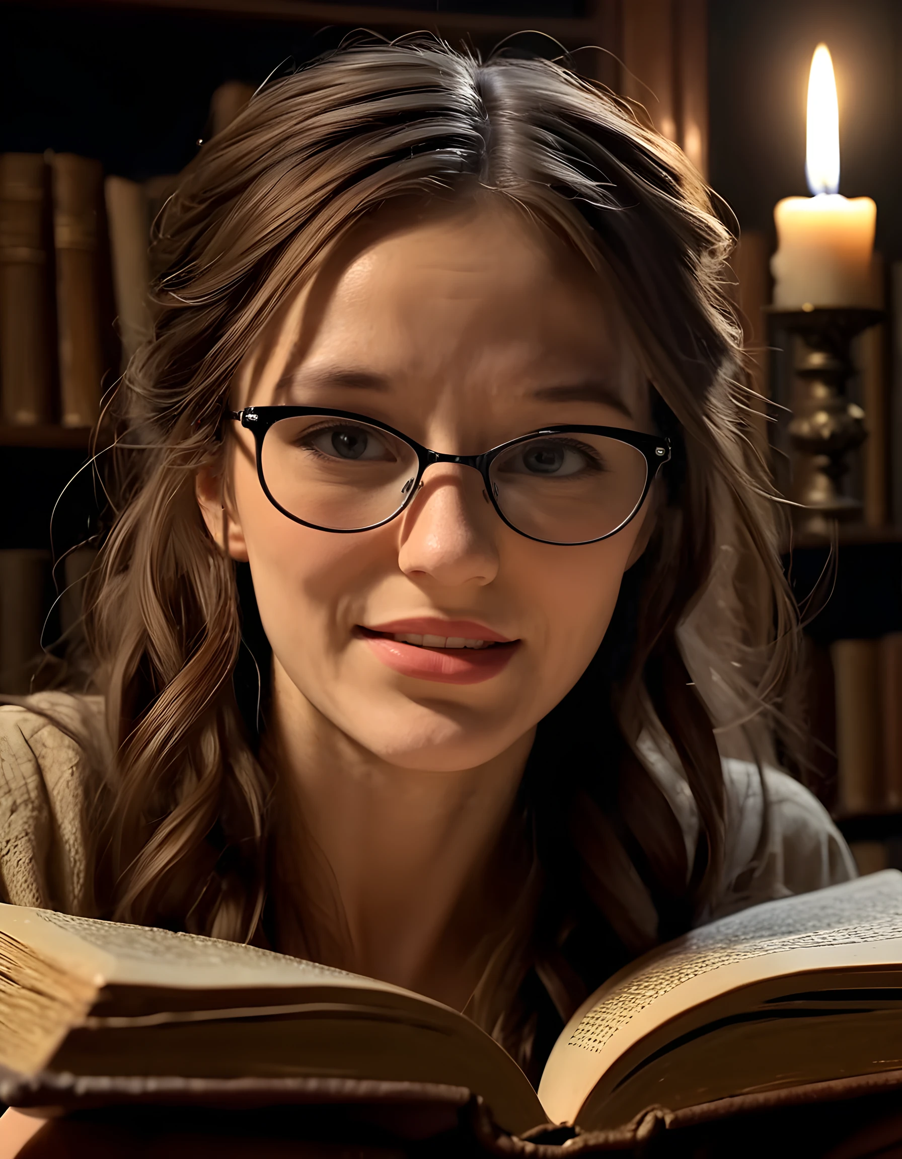 In a dimly lit, cluttered study filled with stacks of books and ancient parchments, the woman named R3353W, her brown hair cascading down her shoulders like a waterfall, takes a dramatic pause in her reading. Her eyes peer intently through black-framed glasses, a knowing smile playing on her lips as she leans back in an antique leather chair, her fingers tracing the worn edges of an open book, all captured in a close-up by a single, focused beam of light from a candle casting intricate shadows across her face.