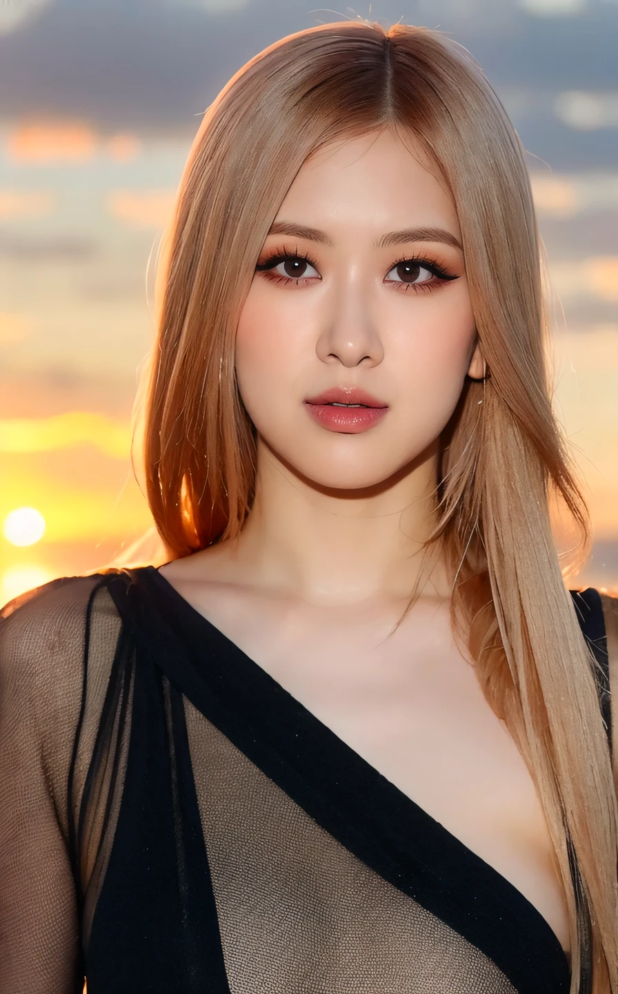 <lora:RosÃ©_Beta:1> R0sâ¬,, (realistic), (hyperrealism), (photorealistic:1.4), 1girl, looking at the viewer, eye makeup, detailed eyes, detailed face, (Full body:1.2), detailed background, black dress, walking at the streets, sunset, (windy:1.2)