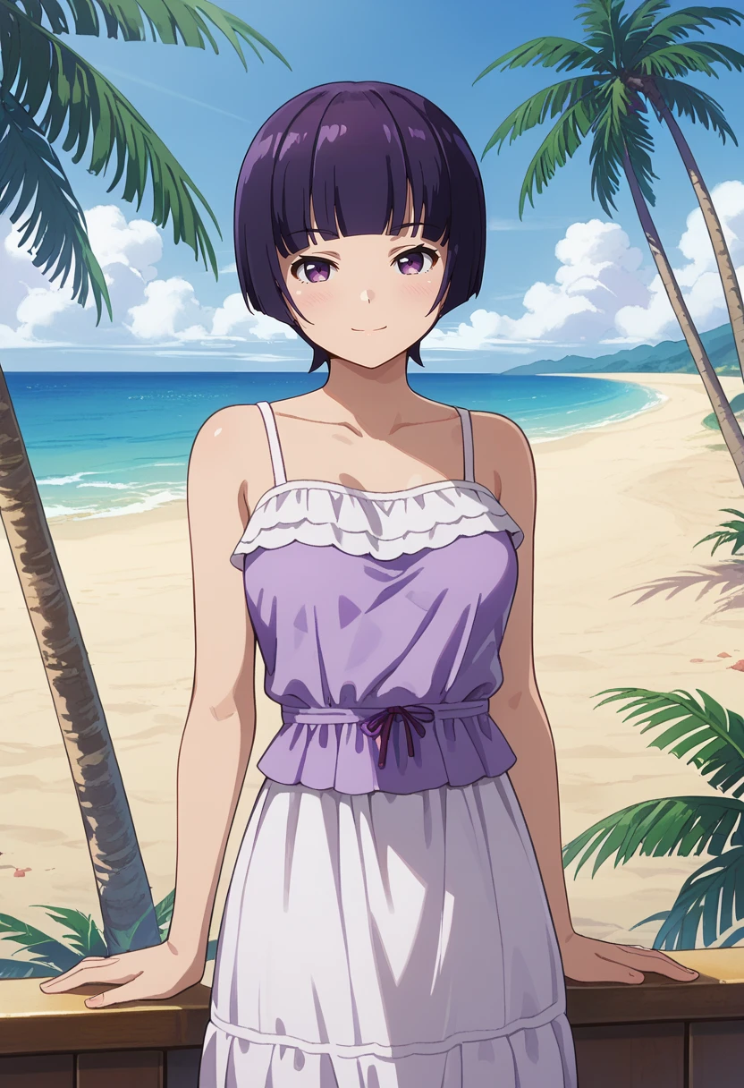 score_9,
<lora:EromangaSensei_SenjuMuramasaXL:0.8>, SenjuMuramasa,
1girl, solo, closed mouth, light smile, light blush,
purple hair, bob cut, blunt bangs, purple eyes,
MuramasaDress, frilled dress, sleeveless, white dress, purple dress, 
standing, looking at viewer, head tilt,
outdoors, beach, palm tree