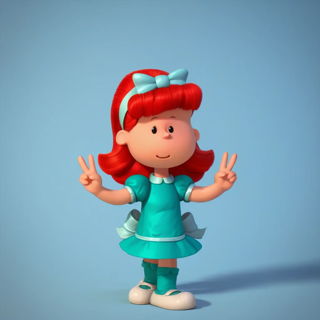 score_8_up, BREAK,  HEATHERWOLD, 1girl, solo, red hair, black eyes, headband, hair bow, dress, short sleeves, puffy short sleeves, aqua dress, ribbon bow, socks, footwear, <lora:HeatherWold_PXL_Leaf1:1>, gradient background, front view, double v,