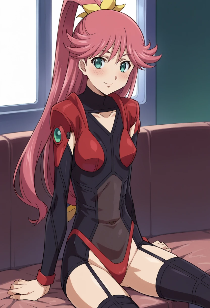 score_9,score_8_up,score_7_up,anime coloring BREAK source_anime,anime,1girl,solo,<lora:Priscilla_gunxsword:0.8>,priscilla,pink hair,long hair,ponytail,green eyes,pilot suit,thighhighs,leotard,smile,sitting,light_blush,close_mouth,looking_at_viewer,indoors,