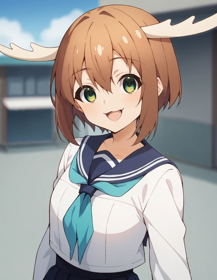 score_9, score_8_up, score_7_up, source_anime, blurry background, BREAK
1girl, solo, looking at viewer, cowboy shot, outdoors, blue sky, simple background,
noko shikanoko, horns, brown hair, short hair, green eyes, hair between eyes, happy, smug, open mouth,
school uniform, serafuku, blue sailor collar, white shirt, long sleeves, aqua neckerchief,
<lora:noko_shikanoko_anime-soralz:0.9>