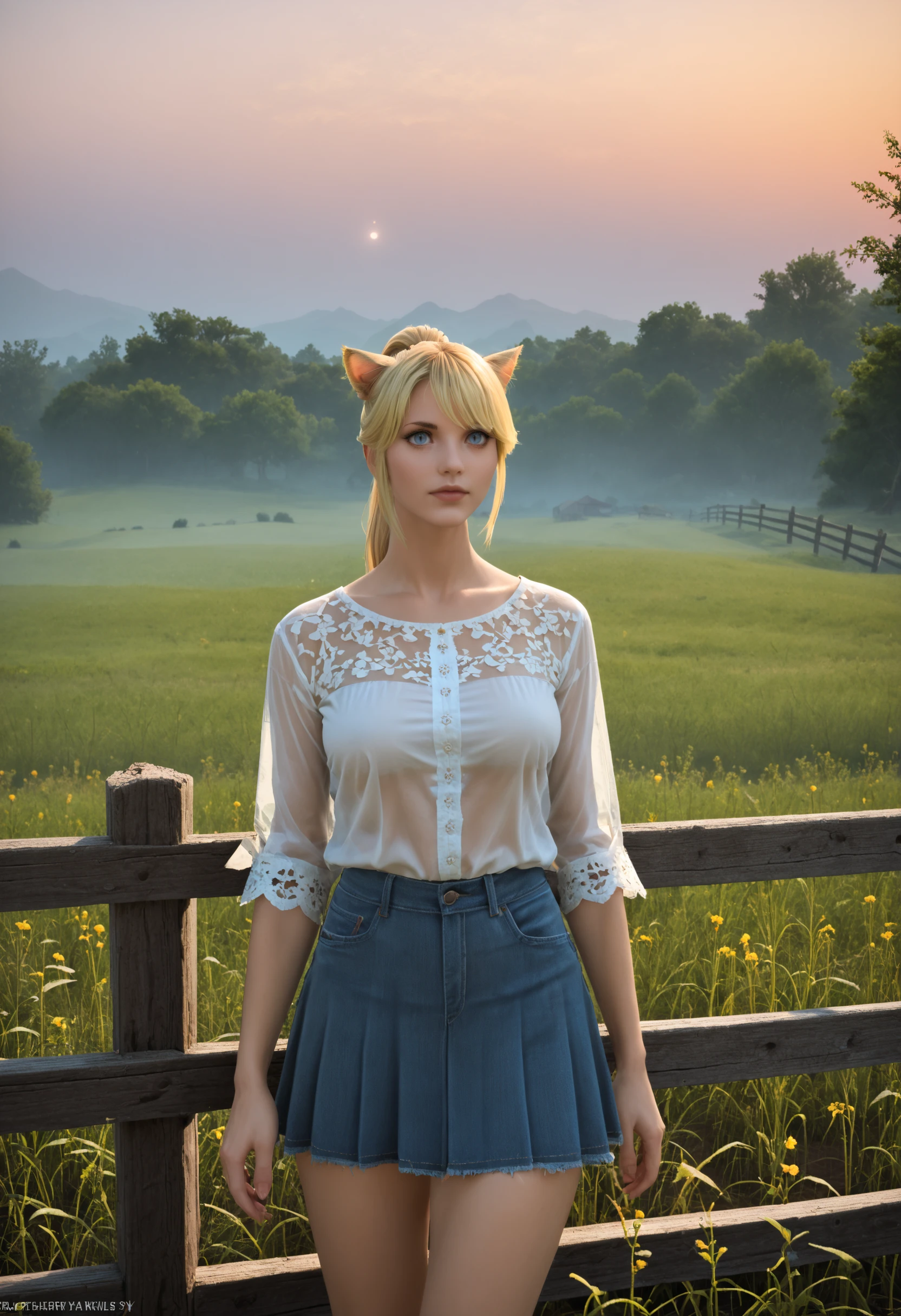 score_9, score_8_up, score_7_up, farm girl, solo, long blonde hair, ponytail, short skirt, open farmer top, perfect make up, sexy farm outfit,big saggy perky breasts, breasts out, in field, (sitting on fence, looking up at the stars), nighttime, stary sky, fireflies, naked transparent shirt, oversized shirt, shirt overhang, see-through silhouette, flirt, on farm, in weed field, moonlight, midnight, moonshine, chiaroscuro, volumetric lighting, hyper resolution, crystal clear textures, perfect shadows, perfect lighting, best reflections, misty, foggy, beautiful, Expressiveh , shirt, breasts, <lora:Lievre_Snow:1.2>, (blonde hair, ponytail, blue eyes, cat ears, (long cat tail), slit pupil), diagonal view, (up close, zoomed in), (((ears covered by hair, hidden ears, invisible ear)))