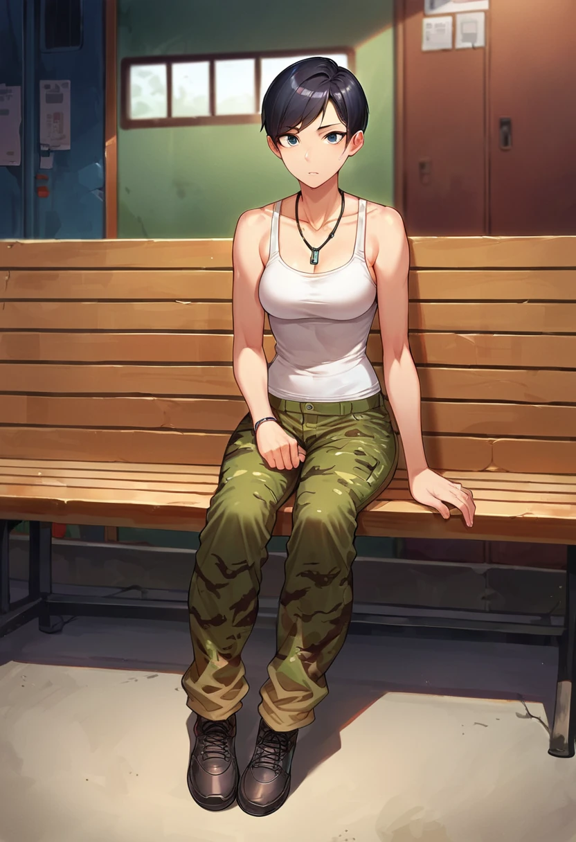 score_9,score_8_up,score_7_Up,source_anime,1girl,annall, <lora:AnnaLLPony:0.8>,full body,sitting on bench,short hair,black hair,tank top,pants,camouflage pants,indoors,underground,in bunker,facing viewer,necklace