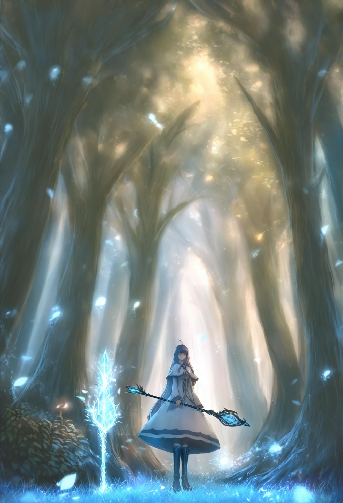 masterpiece, best quality ,1girl, solo, long hair, blue theme, nature, fantasy, forest, dress, scenery, staff, ahoge, outdoors, standing, tree, holding staff, magic, grass, holding 
 <lora:é²äººXLlokr4f-000166:0.95>