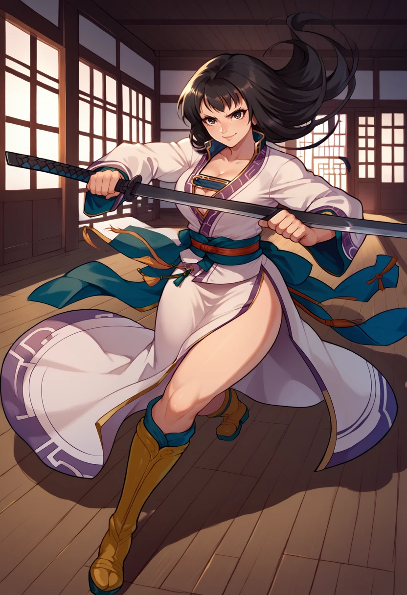 score_9, score_8_up, score_7_up, 1girl, looking at viewer, fighting stance, smile, holding sword, katana, <lora:KarlaFE-pdxl:1> defKarla, long hair, white kimono, cleavage, long sleeves, sash, side slit, knee boots, yellow footwear, indoors, wooden floor, japanese architecture