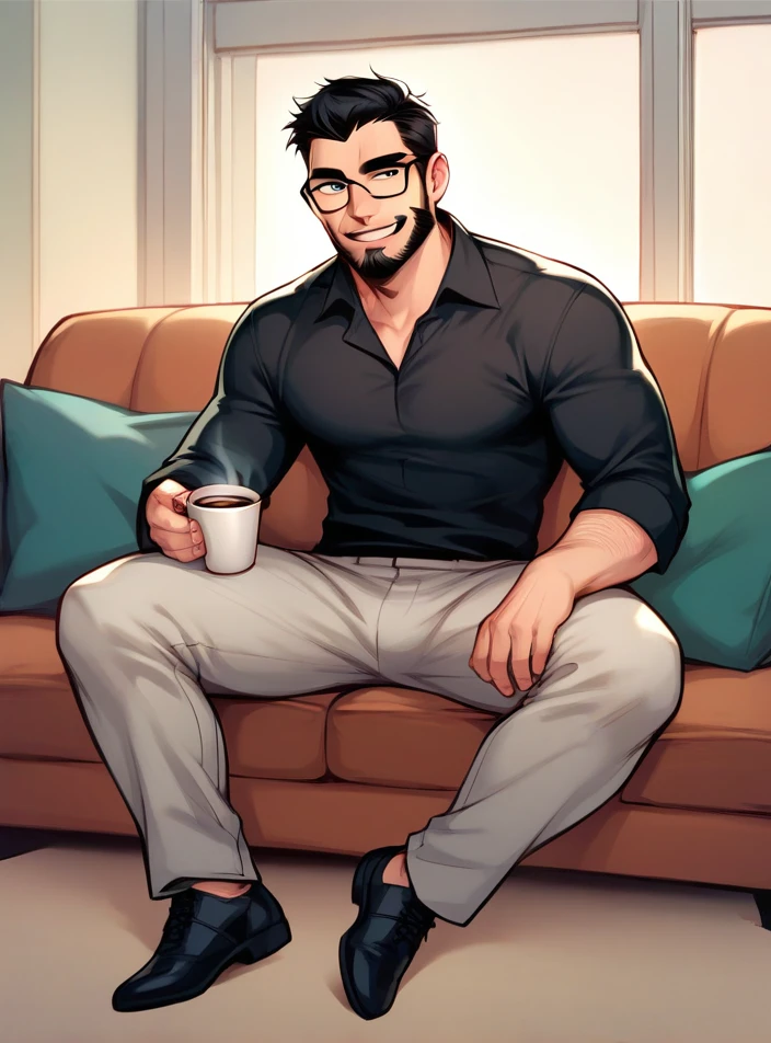 score_9, score_8_up, score_7_up, 1boy, solo, simple bg, (full body:1.2),

looking at viewer, smile, short hair, open mouth, shirt, black hair, parted lips, glasses, collared shirt, indoors, black eyes, black shirt, facial hair, thick eyebrows, beard, black-framed eyewear, mature male, mustache, sitting in sofa, holding cup, coffee cup, pants, black footwear