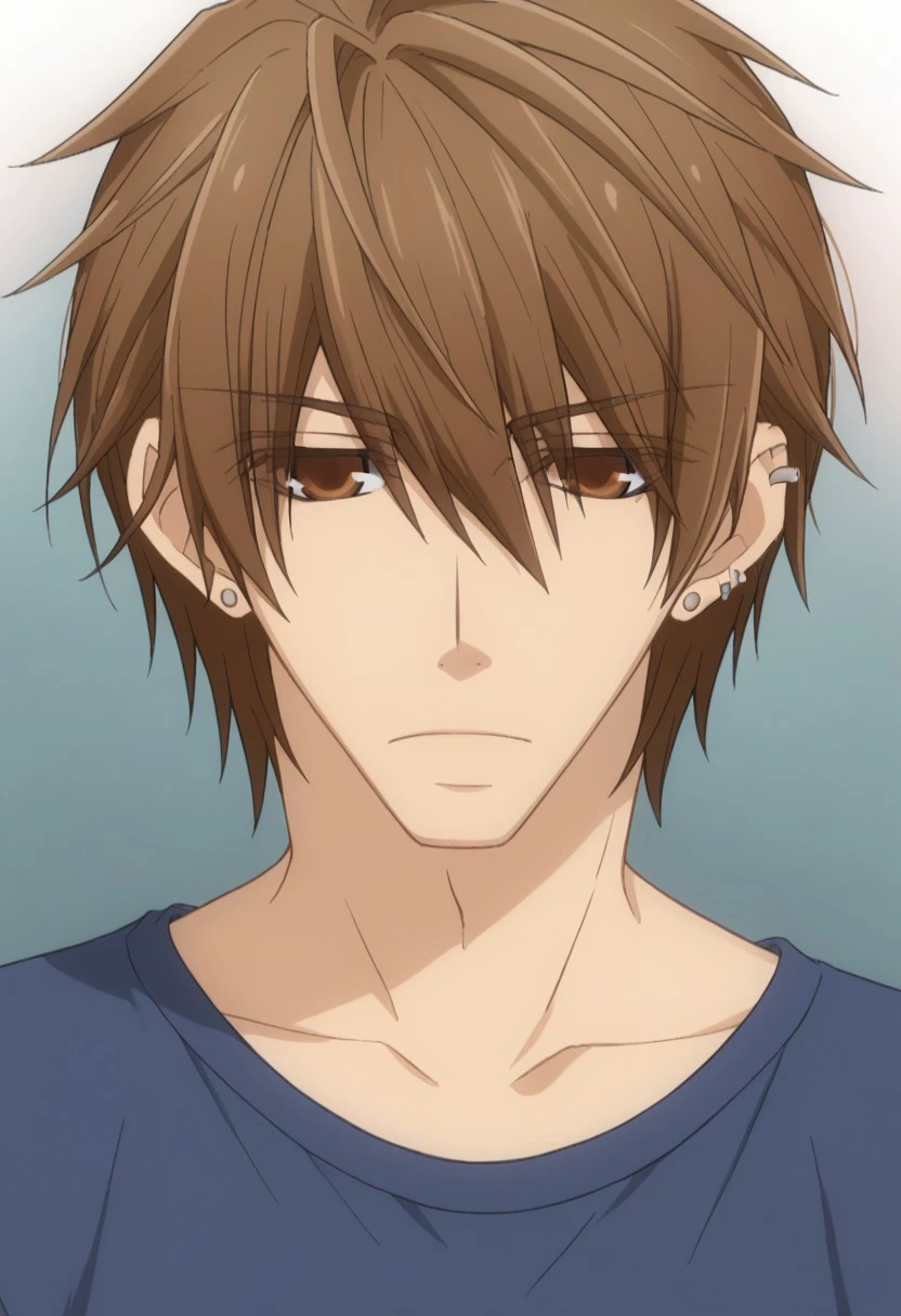 score_9, score_8_up, score_7_up, source_anime, highly detailed, 
yukina, 1boy, male focus, solo, brown eyes, brown hair, earrings, jewelry, shirt,
piercing, closed mouth, collarbone, ear piercing, blue shirt, eyes visible through hair, hair between eyes,