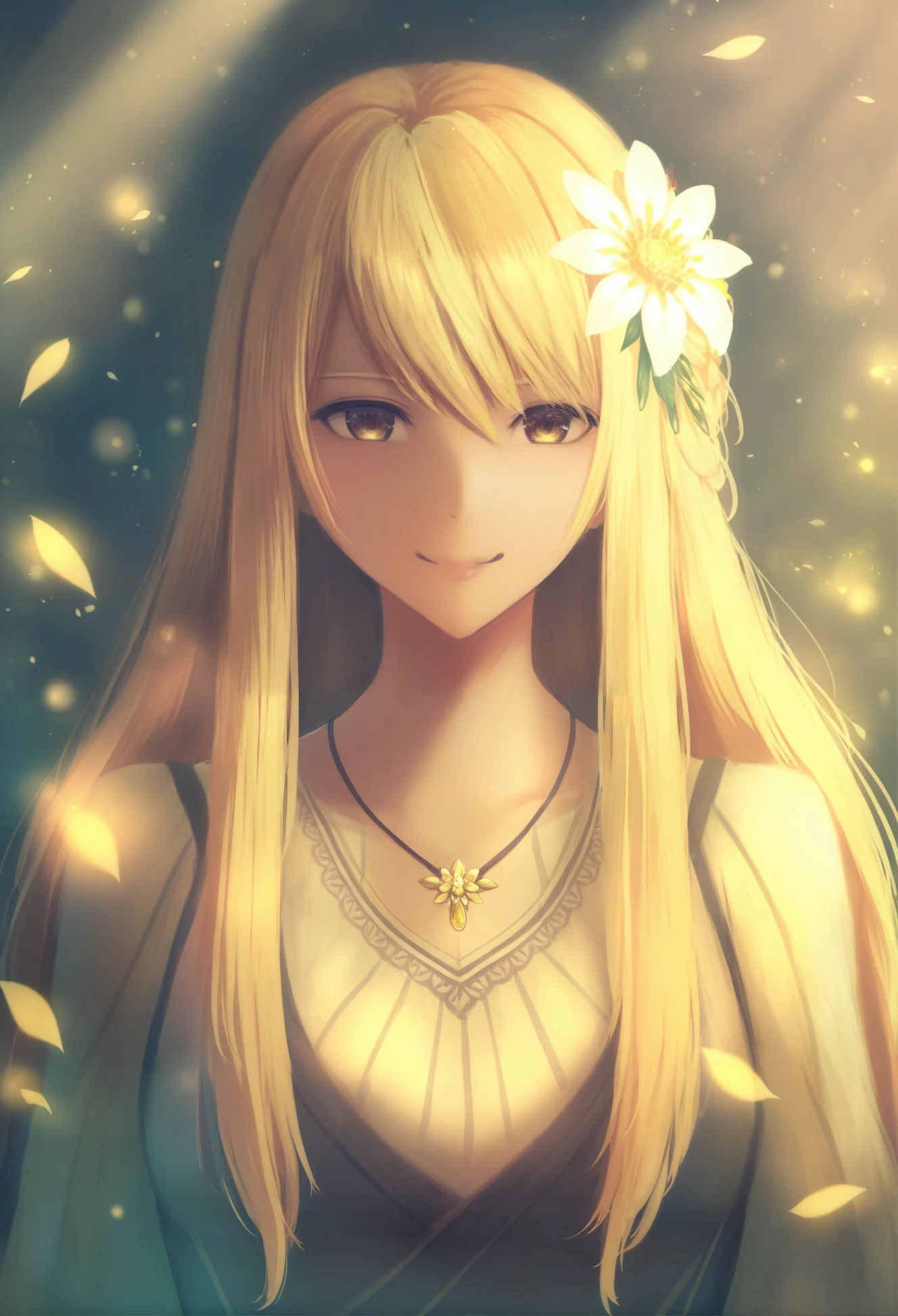 masterpiece, best quality ,1girl, solo, flower, hair ornament, long hair, hair flower, jewelry, necklace, blonde hair, upper body, yellow theme, smile 
 <lora:é²äººXLlokr4f-000166:0.95>