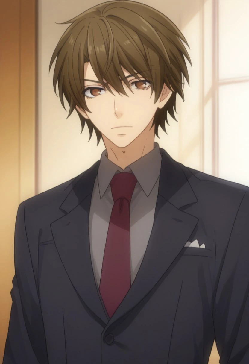 score_9, score_8_up, score_7_up, source_anime, highly detailed, 
yuyanase, 1boy, male focus, solo, brown hair, brown eyes, formal, suit, black jacket, necktie, red necktie, shirt, collared shirt, grey shirt