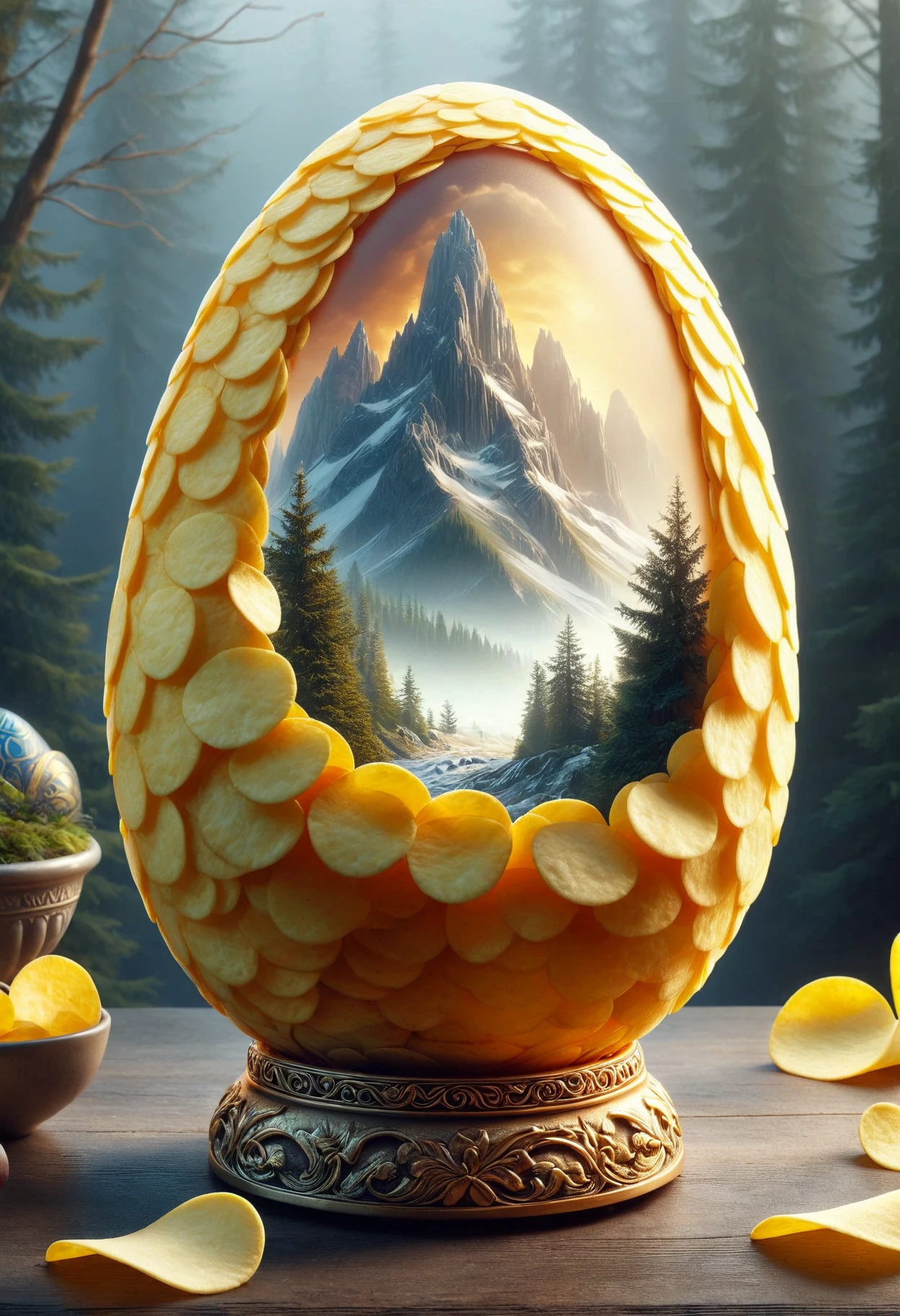 (photography art stylized by Jack Hughes:1), landscape art, concept art, Inca (Faberge egg:1.2), Repulsive, it is smooth, inside a Gdansk, Foggy conditions, Miniaturecore, horror, made out of potato chips, <lora:PinkiePttChpsSDXL-v1:1>, p1nkch1ps,