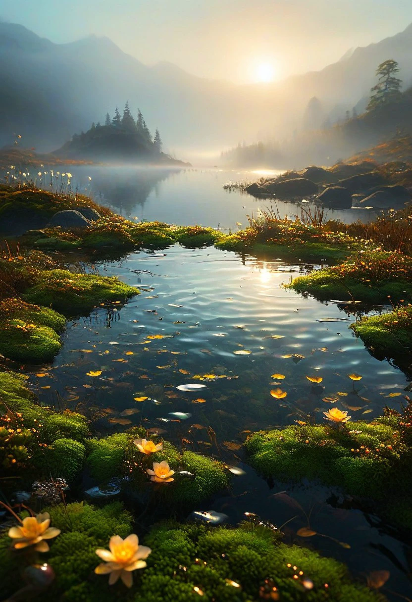 stained glass style reclines upon a moss covered islet, surrounded by a halo of soft luminescence that seeps from the wispy tendrils of fog curling around. the surface of a glassy lake, where ripples of gold and copper disturb the otherwise perfect reflection of the mist shrouded peaks rising in the distance. a scattering of moon petaled flowers floats to the surface, releasing their sweet fragrance into the still air, while a office of silver tailed fish weave through the depths, their gentle splashing creating a soothing melody that seems to harmonize with the dreamer's very breath. . vibrant, beautiful, translucent, intricate, detailed 
many details, extreme detailed, full of details,
Wide range of colors., Dramatic,Dynamic,Cinematic,Sharp details
Insane quality. Insane resolution. Insane details. Masterpiece. 32k resolution.