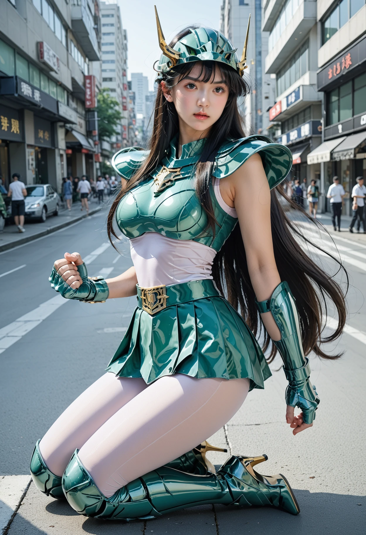 score_9,score_8_up,score_7_up,8k,1girl,heavy make-up,outdoors,city,street,tokyo,shinjuku,large breasts,slim waist,wide hips,dynamic pose,
upper body,<lora:saintseiya5-pony-v70-000006:0.8>,1gshiryu,long hair,armor,very long hair,high heels,black hair,high heel boots,medium breasts,boots,gloves,skirt,green armor,shoulder armor,breastplate,helmet,pantyhose,belt,skin tight,clenched hand,fingerless gloves,vambraces,pauldrons,clenched hands,armored boots,leotard,