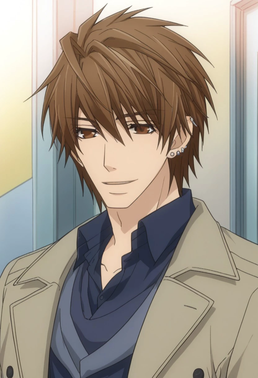 score_9, score_8_up, score_7_up, source_anime, highly detailed, 
yukina, 1boy, male focus, solo, brown hair, brown eyes, upper body, coat, shirt, earrings, jewelry, piercing, smile