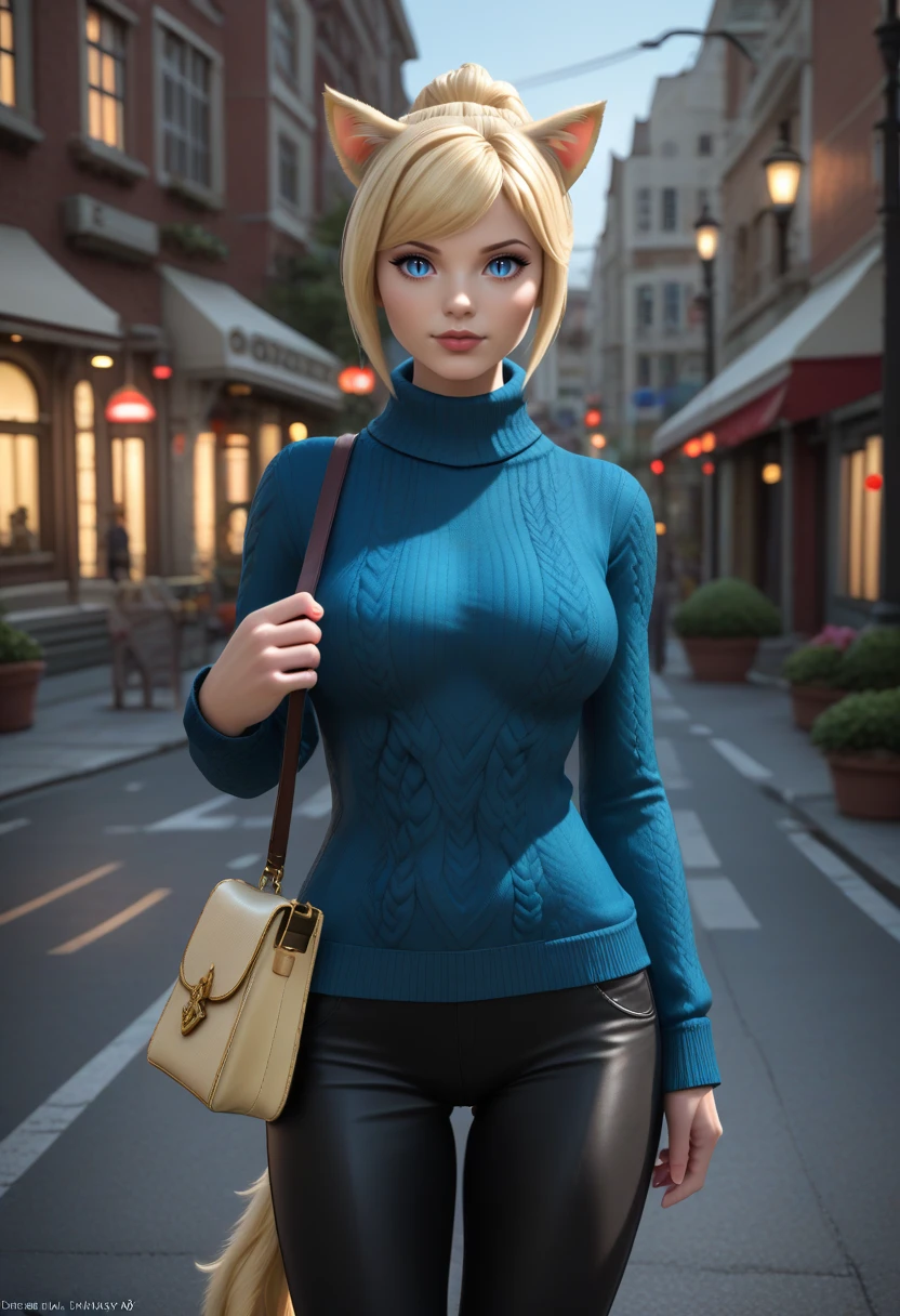 1 woman, uncensored, masterpiece, hyper detailed, best quality, dramatic lighting, crisp image, clear image, ultra-high details, ultra realistic, high detail, detailed face, photography, cinematic, cinematic lighting:2,  blue sweater, outdoor, in the city,  fully body viewnighttime, busy streets, streetlights, crowded streets, steam from manhole, stores, <lora:Lievre_Snow:.8>, blonde hair, pony tail, blue eyes, cat ears, cat tail, slit pupil,  holding purse, black pants,