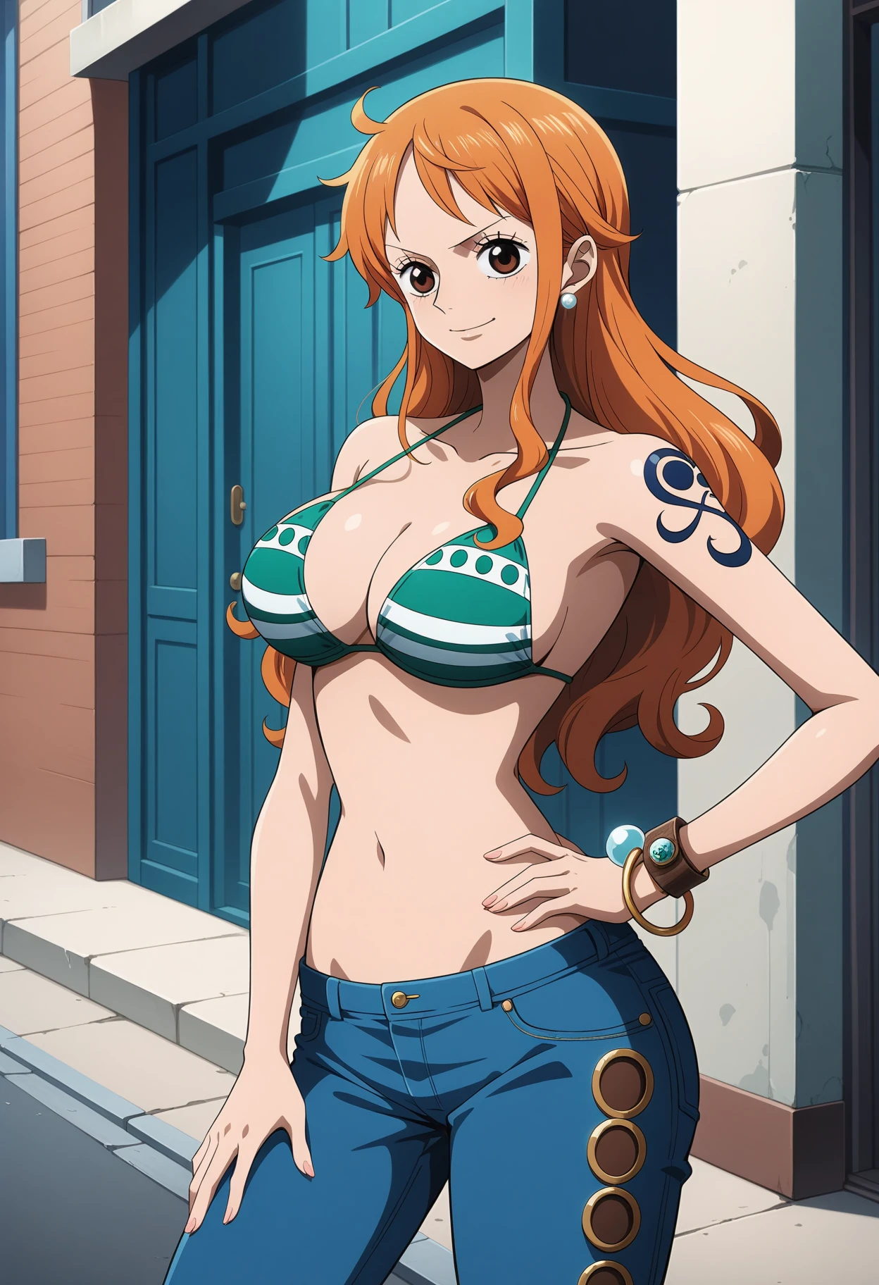 (masterpiece, best quality, very aesthetic, ultra detailed), intricate details, 4k, aanami, long hair, orange hair, earrings, brown eyes, shoulder tattoo, breasts, collarbone, bare shoulders, cleavage, bikini top only, striped bikini, green bikini, bracelet, jeans, blue pants, <lora:nami_animagine_v1:0.9>, solo, anime style, hand on own hip, street, smile