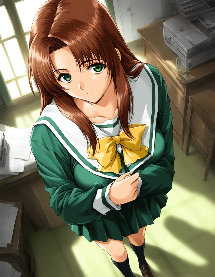 score_9, score_8_up, score_7_up, source_anime, rating_explicit, BREAK <lora:Fujima_Moeko_XL:1> FujimaMoeko, brown hair, breasts, green eyes, long hair,
1girl, solo, school uniform, long sleeves, bow, serafuku, indoors, yellow bow, shirt,ãlooking at viewer,
from aboveã
expressionless
apartment house, room,
