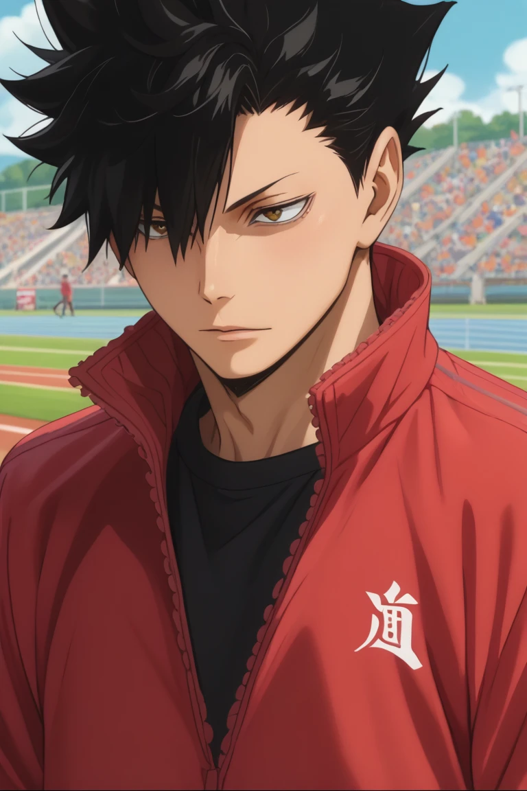 score_9, score_8_up, score_7_up, source_anime, rating_safe, Kuraikyu, 1boy, male focus, anime screencap, red open track suit, black shirt