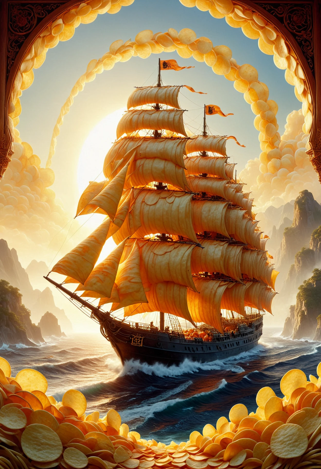 Rajasthani painting of a Arcadian Samurai Container ship, Sun in the sky, soft focus, scene art, art nouveau art by J.C. Leyendecker, Junglecore, F/5, silhouette, made out of potato chips, <lora:PinkiePttChpsSDXL-v1:1>, p1nkch1ps, sublime, intricate, striking, advanced cinematic perfect light, epic atmosphere, highly enhanced,