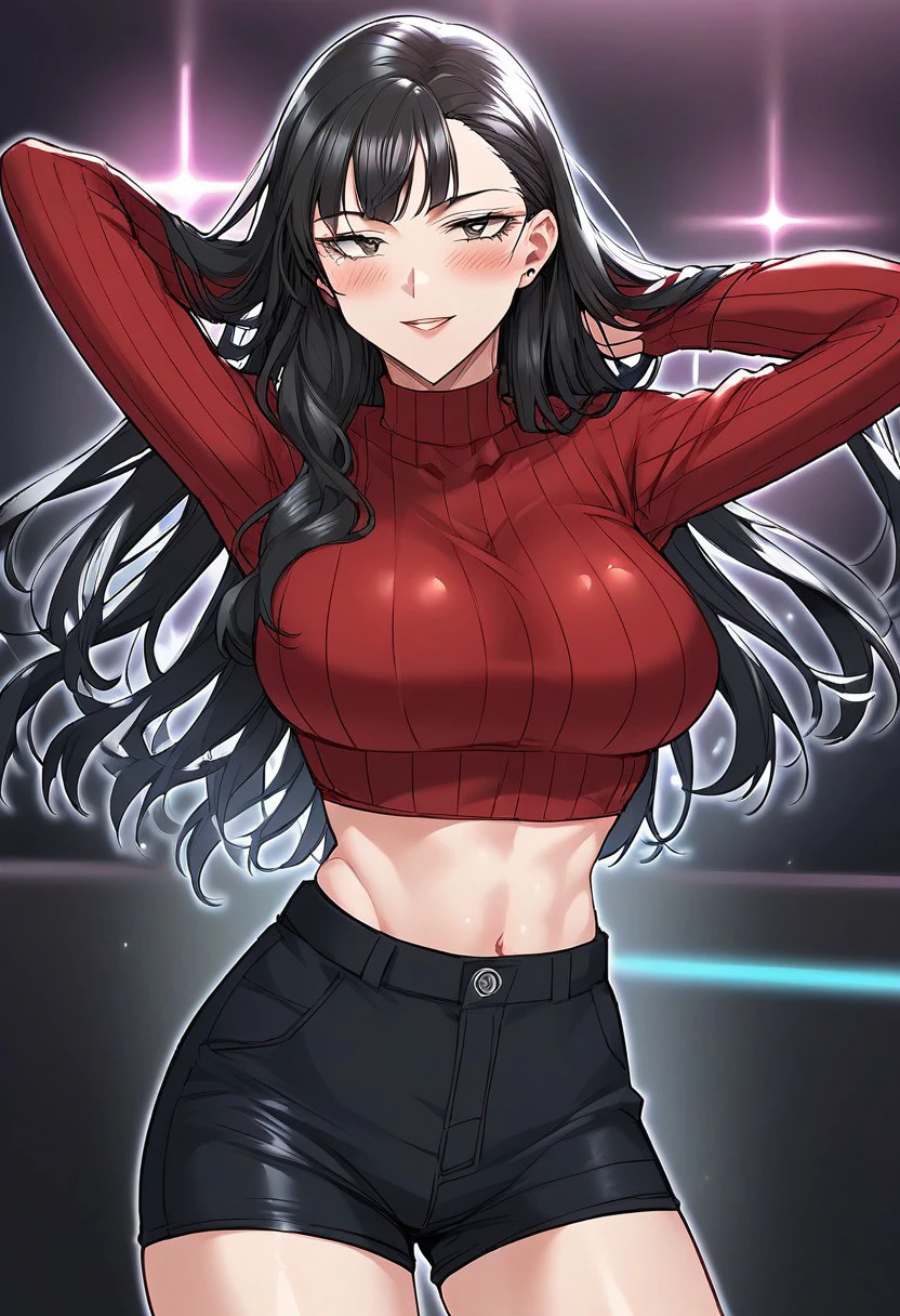 score_9, score_8_up, score_7_up, ASCII masterpiece, source_anime, BREAK, 1girl, solo, (( <lora:sae-yeon:1> , sae-yeon, normal waist, wide hips, beautiful skin, beautiful dark gray eyes, clear eyes, bright pupils, beautiful eyes, beautiful black hair, beautiful long hair, bangs, big and shaggy breasts, natural beauty, extraordinary beautiful woman, attractive woman, super sexy woman, lustful body, sexy woman with seductive obscene body, sensual body, voluptuous body, sexy beauty, no piercings, no piercing, )) , no piercings, no piercing, obscene cleavage, sexy red crop top, midriff, sexy black shorts, standing, blush, seducative smile, hands in the air, sexy dancing, nightclub background, sexy dinamic pose, neon lights,