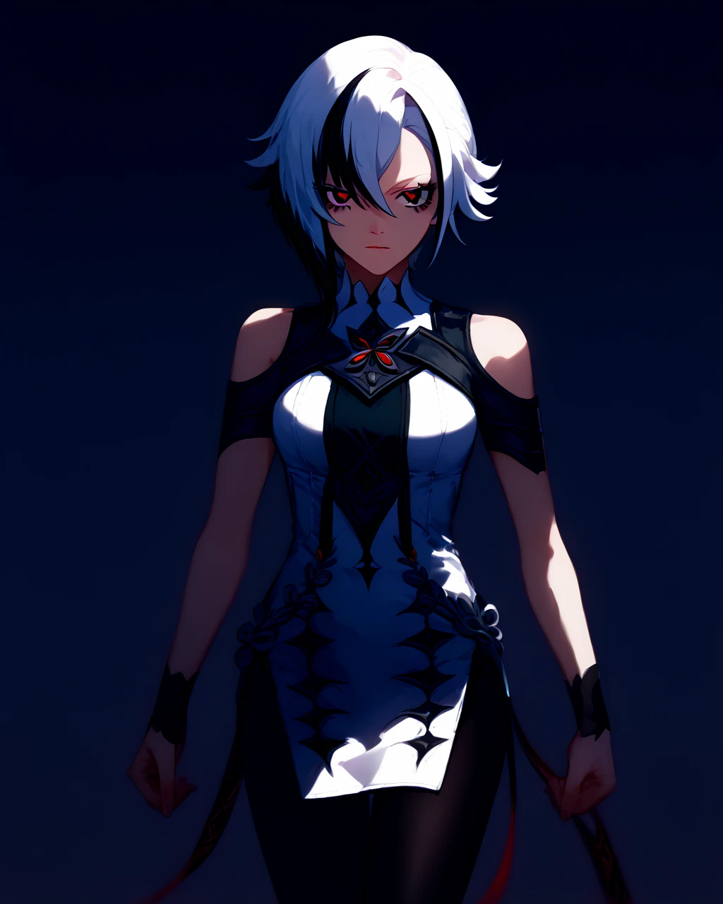 score_9, front view, from front
 <lora:millenia:1> milleniaoutfit, short dress, sleeveless, bare shoulders, (black pantyhose:1), side slit
 <lora:arlecchino xl pd:0.8> arlecchino gi, x-shapped pupils,white hair,short hair