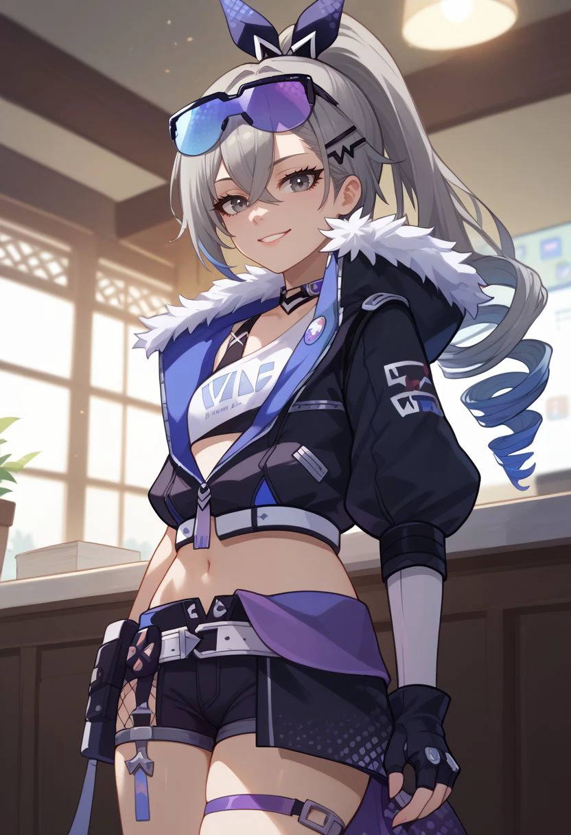 score_9, score_8_up, score_7_up, source_anime, 1girl, silverwolfdef, grey eyes, grey hair, long hair, ponytail, hair between eyes, drill hair, eyewear on head, hair ribbon, choker, crop top, fur trim, black jacket, cropped jacket, midriff, navel, black gloves, fingerless gloves, black shorts, short shorts, thigh strap, fishnet socks, standing, smile, looking at viewer, indoors, portrait, close-up, facing viewer, hand on hip, <lora:Silverwolf_v1-000010:1>