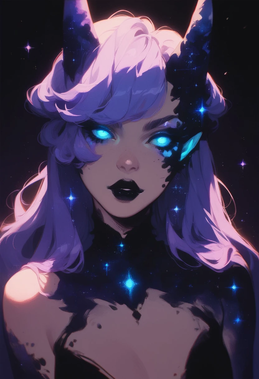 score_9, score_8_up, score_7_up, score_6_up, GLSHS, 1girl, purple hair, skin with a split purple galaxy, blue glowing eyes, black lips, dark theme