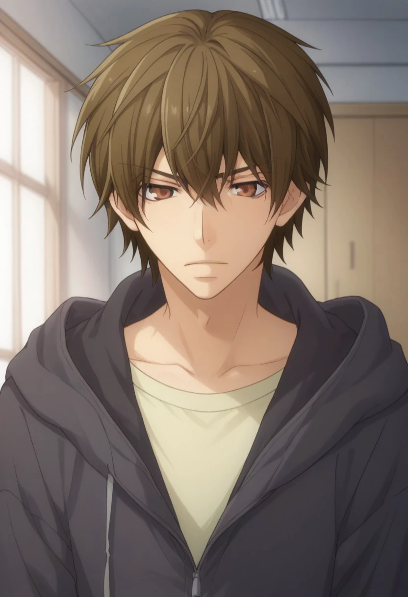 score_9, score_8_up, score_7_up, source_anime, highly detailed, 
yuyanase, 1boy, male focus, solo, brown hair, brown eyes, hood, indoors, hoodie, upper body, collarbone, shirt, jacket,