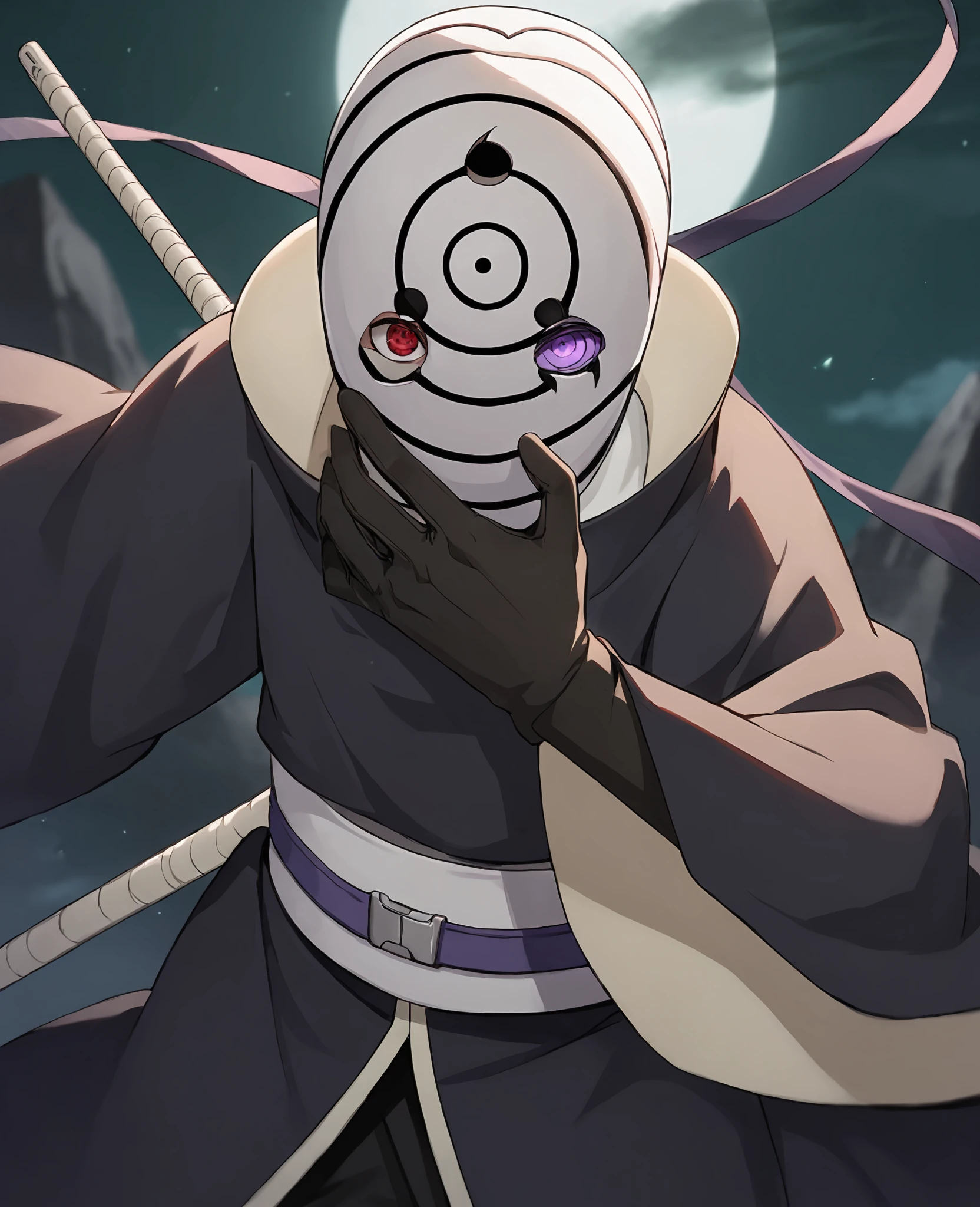 score_9,score_8_up,score_7_up,source_anime,rating_safe BREAK masterpiece,highres,best quality,high quality,dramatic angle,cinematic lighting,1boy,<lora:Obito_Pony_V2:1>,dim,night,moon,sharingan,glowing eyes,red eye,red eye,purple eye,white mask,Uchiha Obito \(White mask\),Uchiha Madara \(White mask\),black robe,black gloves,looking at viewer,covering own face,sharingan,rinnegan,floating rocks,extremely detailed background,blurry background,mountains in distance,fan,fan \(weapon\),ribbon,portrait,close-up,holding,cowboy shot,holding weapon,heterochromia,white shirt,holding fan,<lora:add-detail-xl:0.22>,<lora:flat_sdxl:-0.43>,extremely detailed eyes,sash,black pants,fighting stance,action pose,