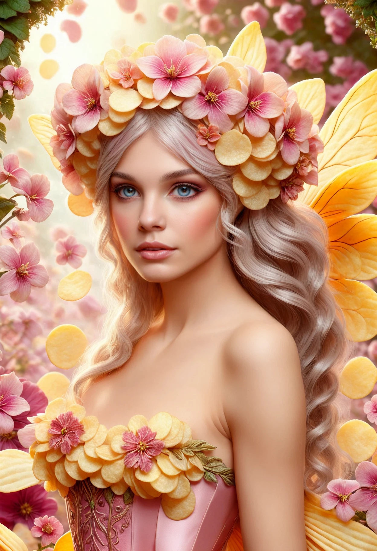 portrait of a pretty fairy, Leaves, Flowers, Petals, Pastel Pink, art nouveau style, floral background, vintage style, made out of potato chips, <lora:PinkiePttChpsSDXL-v1:1>, p1nkch1ps,