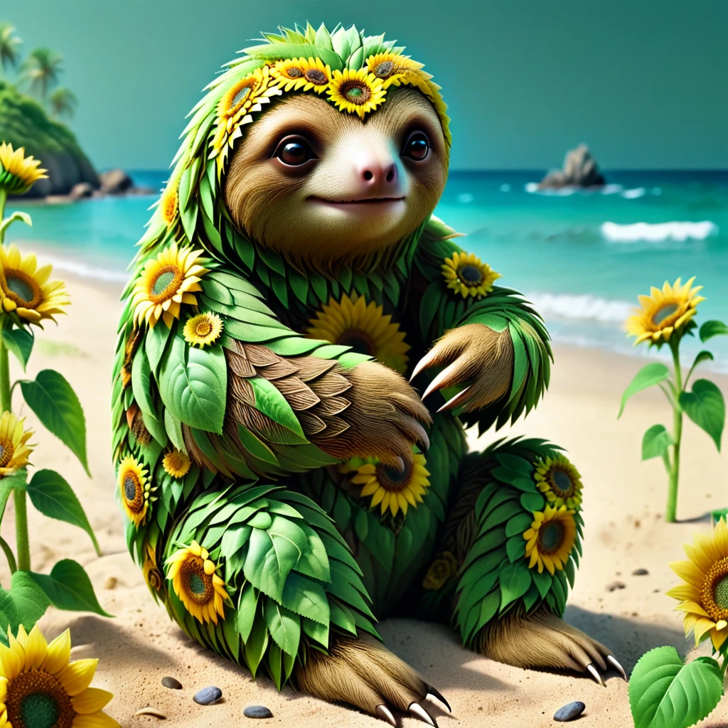 (a sloth made of sunflowers in a deserted island:1.13), depth of field, detailed background, masterpiece, digital photograph, DSLR, ludicrously detailed, bright
<lora:sunflowers-000011:1>