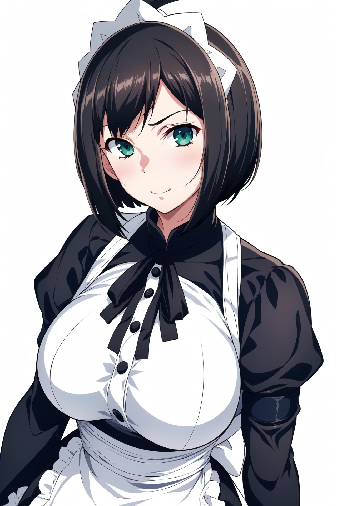 Simple Background,(White_Background:1.1),
dynamic pose,standing at attention,
maid headdress, maid, maid apron, long sleeves, turtleneck, 
<lora:Chitose_Itou_DisgustedFace-KK77-V1:0.7>,
Green eyes, black hair,bangs,short hair,
<lora:more_details:0.1>,<lora:NovelAI_YesMix5_KKStyle-KK77-Yes5-V1:0.3>,
1 girl, 20yo,Young female,Beautiful long legs,Beautiful body,
Beautiful Nose,Beautiful character design, perfect eyes, perfect face,expressive eyes,perfect balance,
looking at viewer,(Focus on her face),closed mouth, (innocent_big_eyes:1.0),(Light_Smile:0.3),
official art,extremely detailed CG unity 8k wallpaper, perfect lighting,Colorful, Bright_Front_face_Lighting,White skin,
(masterpiece:1.0),(best_quality:1.0), ultra high res,4K,ultra-detailed,
photography, 8K, HDR, highres, absurdres:1.2, Kodak portra 400, film grain, blurry background, bokeh:1.2, lens flare, (vibrant_color:1.2),professional photograph,
(Beautiful,large_Breasts:1.4), (beautiful_face:1.5),(narrow_waist),